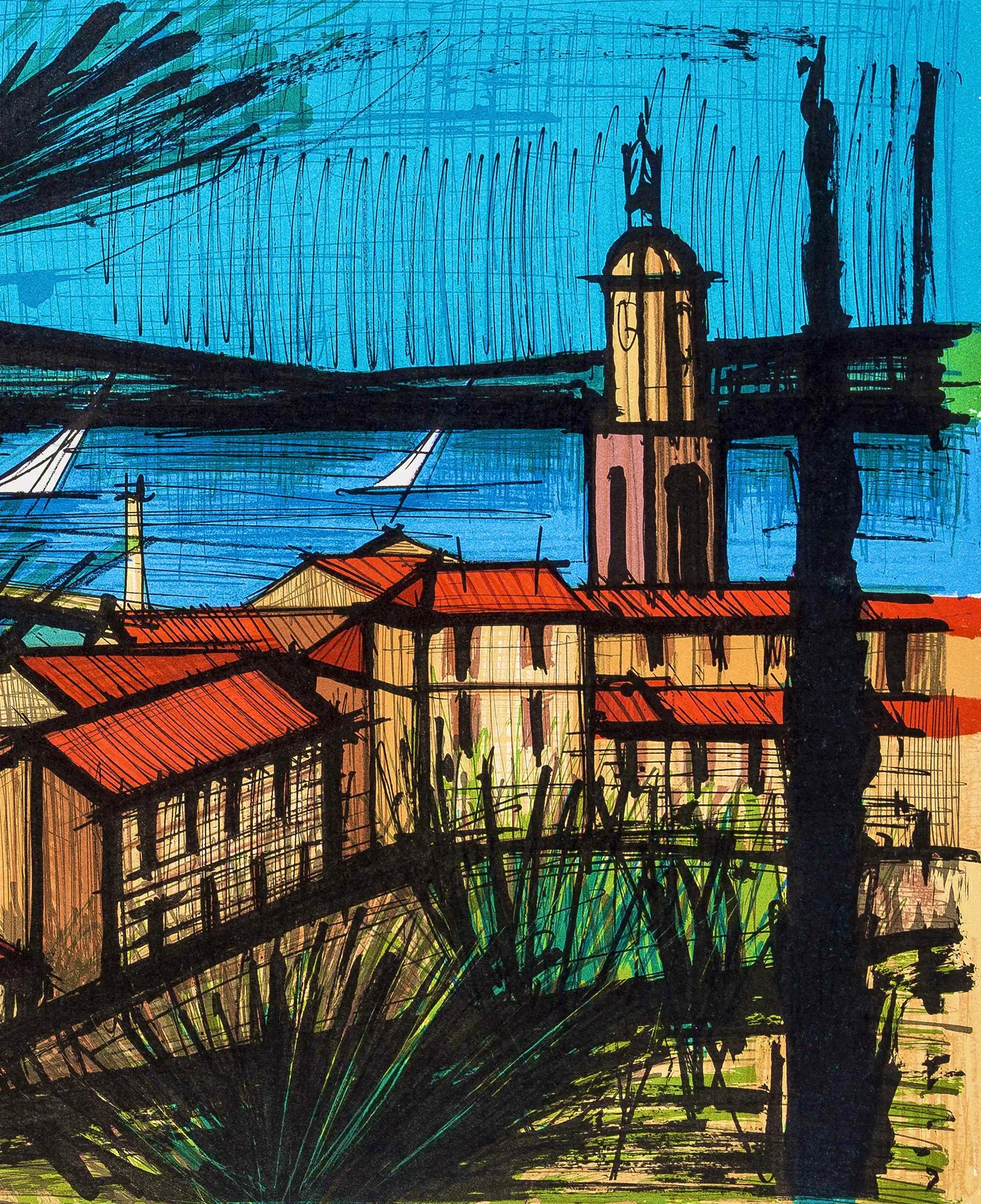 This exquisite lithograph by Bernard Buffet (1928–1999), titled Saint-Tropez (Saint-Tropez), originates from the 1979 album Bernard Buffet, Lithographe I (Bernard Buffet, Lithographer I), published by Editions Michele Trinckvel, Paris, and Draeger,