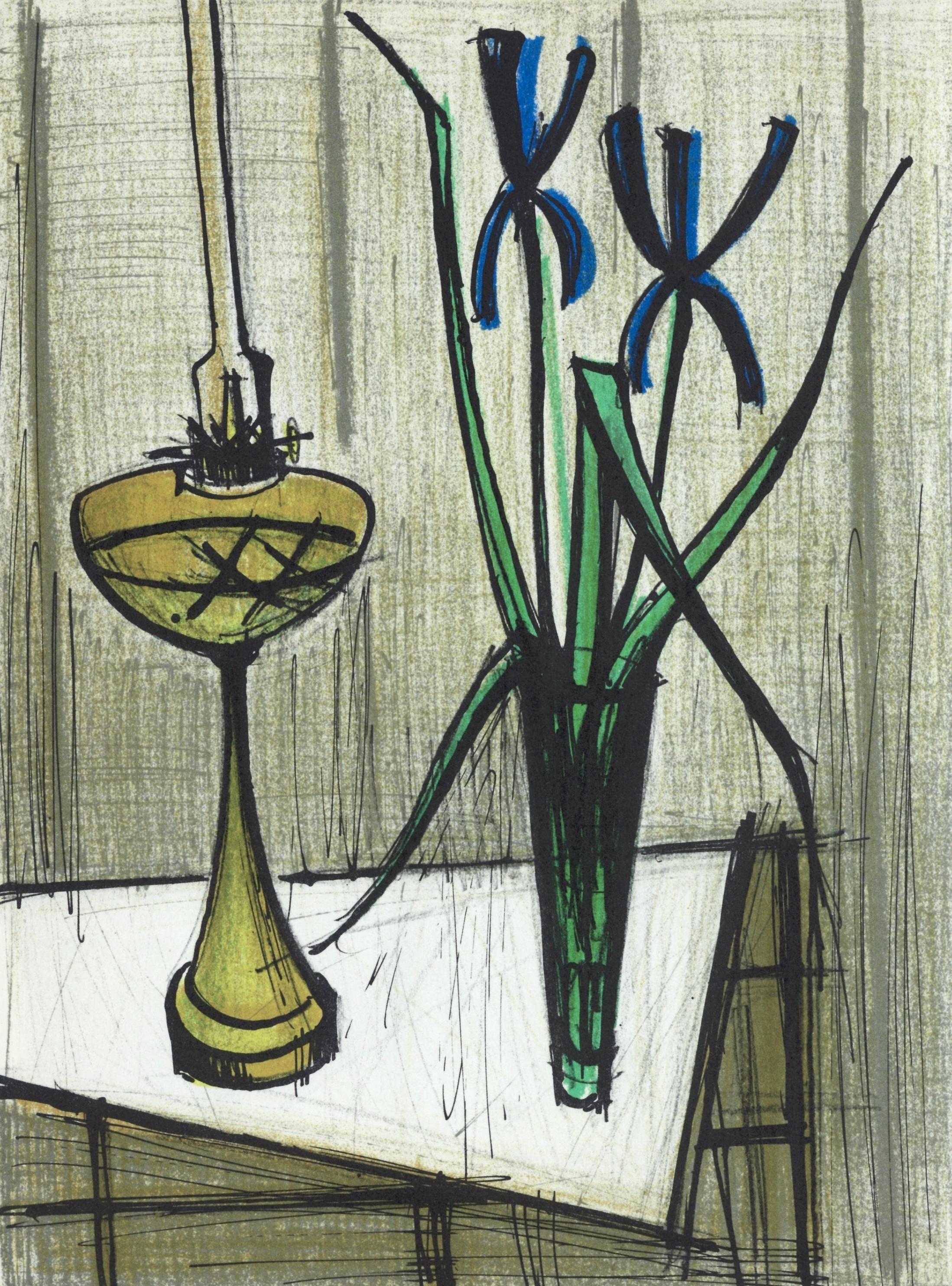 This exquisite lithograph by Bernard Buffet (1928–1999), titled Nature morte aux iris (Still Life with Irises), originates from the 1979 album Bernard Buffet, Lithographe I (Bernard Buffet, Lithographer I), published by Editions Michele Trinckvel,