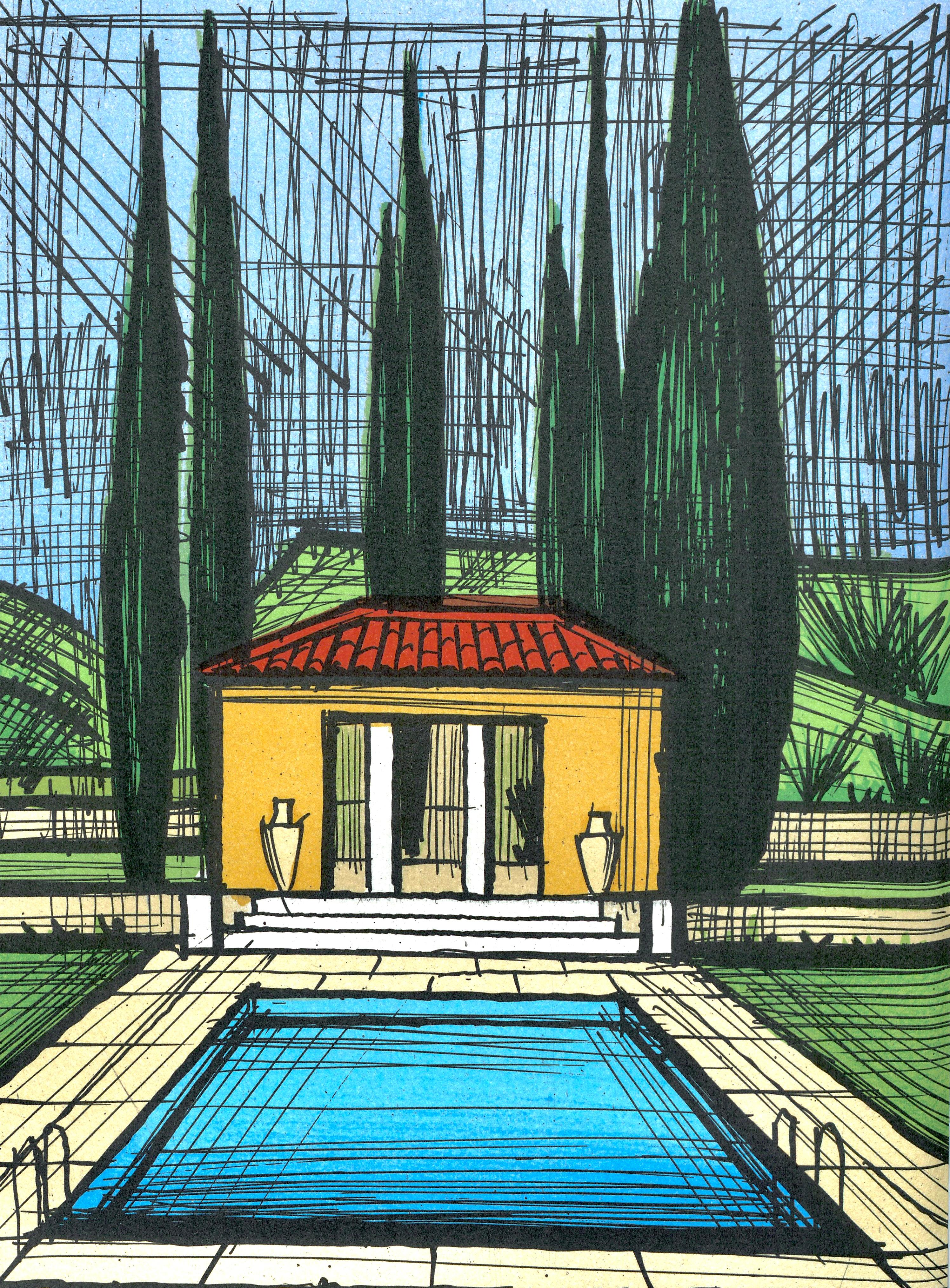 This exquisite lithograph by Bernard Buffet (1928–1999), titled La piscine (The Swimming Pool), originates from the 1987 album Bernard Buffet, Lithographe II (Bernard Buffet, Lithographer II), published by Editions Michele Trinckvel, Paris, and