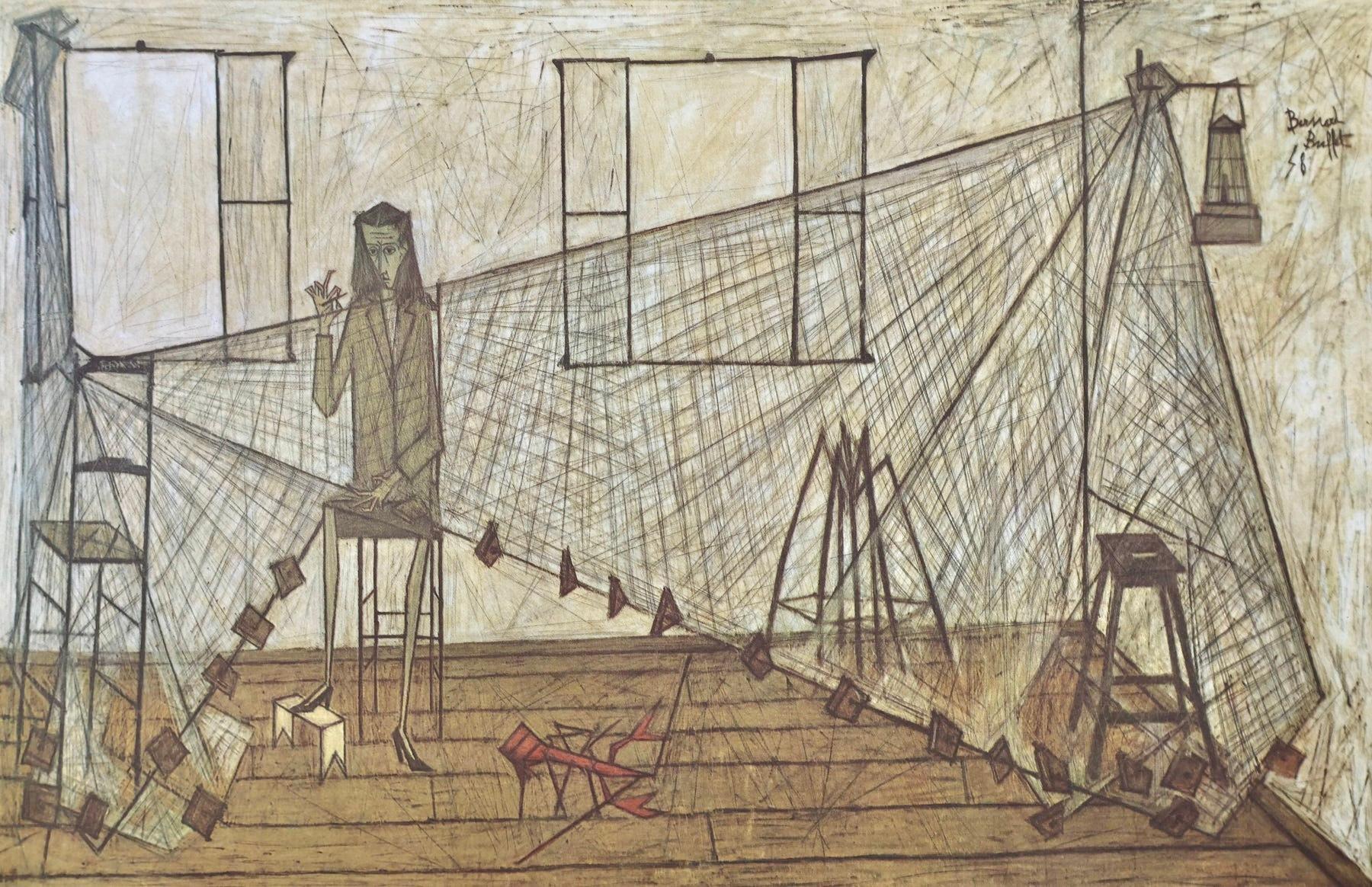 This exquisite heliogravure after Bernard Buffet (1928–1999), titled Femme au filet (Woman with Net), from the folio Bernard Buffet, Peintres d
aujourd
hui (Bernard Buffet, Painters of Today), originates from the 1966 edition published by Fernand