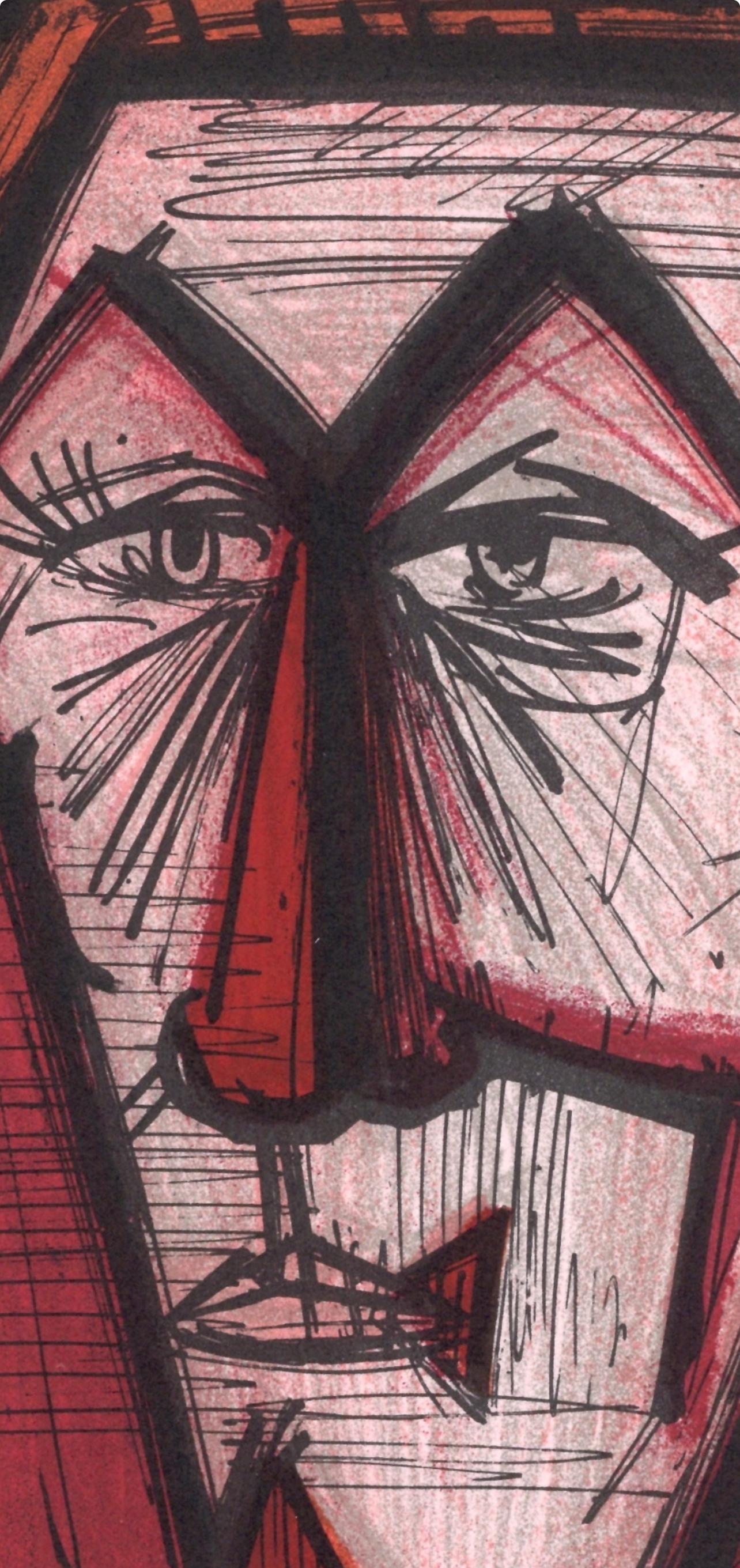 Buffet, Le clown au fond rouge, Lithographs 1952-1966 (after) - Expressionist Print by Bernard Buffet