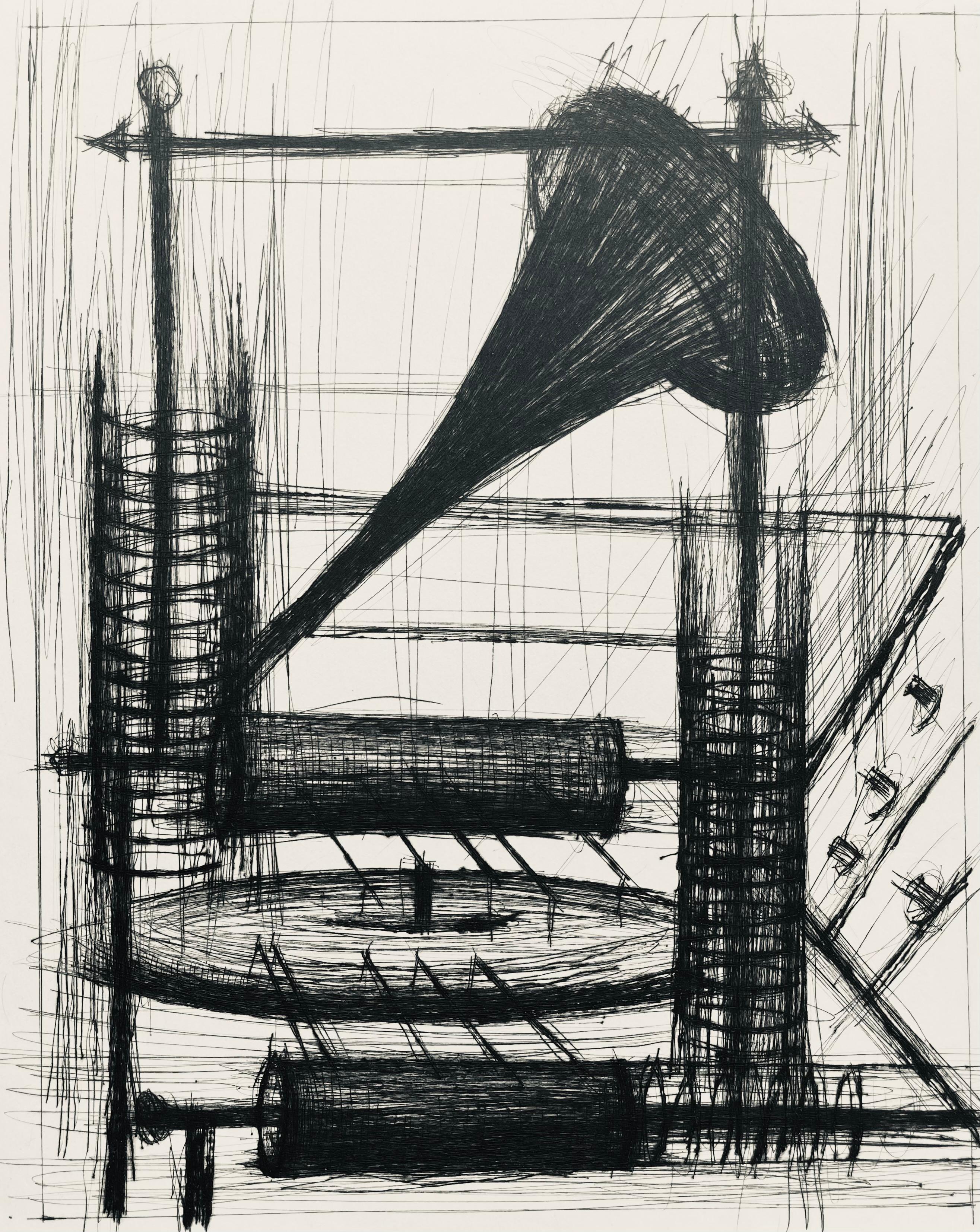 Gravure à la pointe sèche sur papier de Rives B.F.A.I. pur fil. Non signé et non numéroté, tel que publié. Bon état. Notes : Extrait de l'in-folio Voyages fantastiques aux États et empires de la lune et du soleil, 1958. Publié par Joseph Foret,