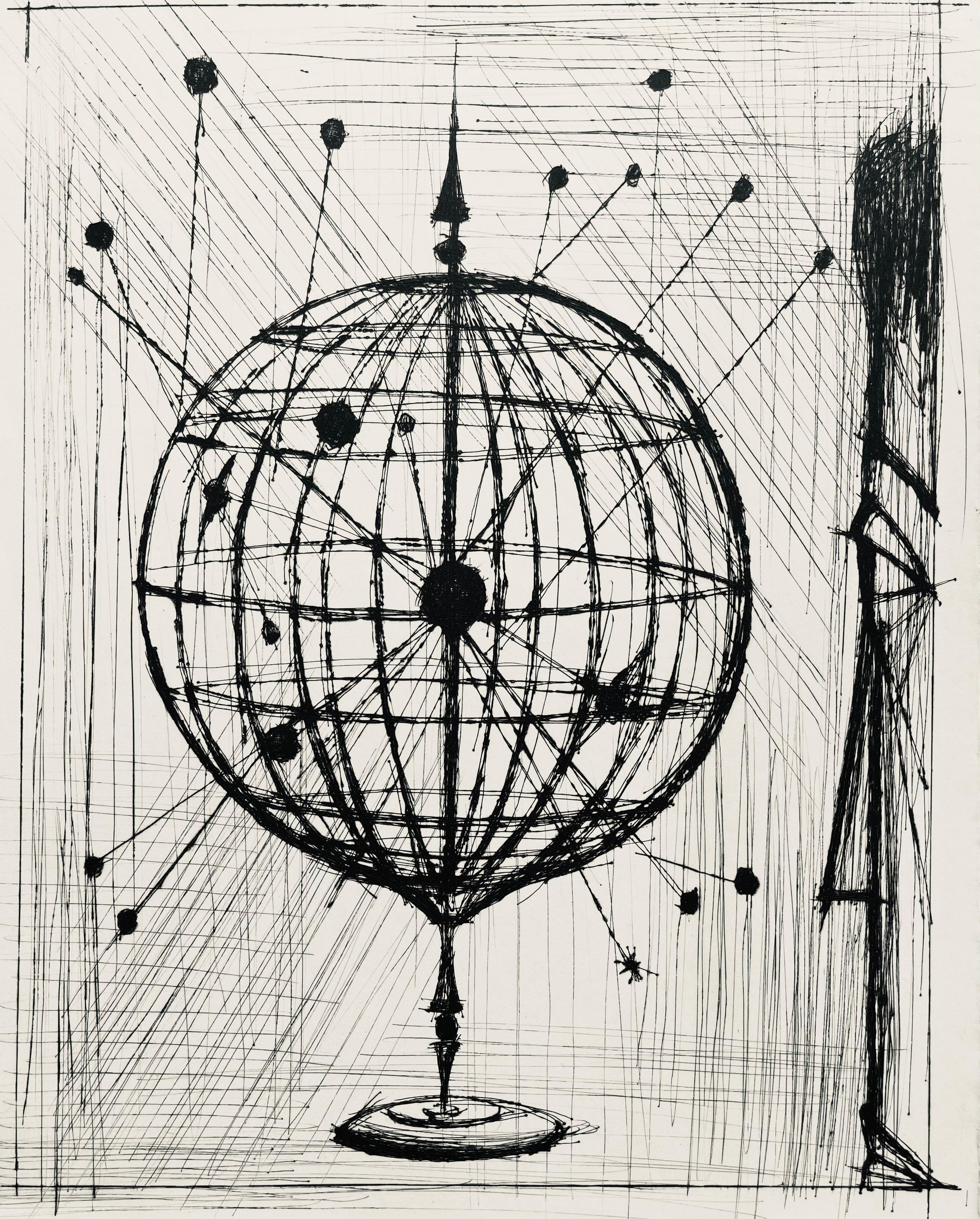 Aguafuerte en punta seca sobre papel de Rives B.F.K. pur fil. Sin firmar y sin numerar, tal como se publicó. Buen estado. Notas: Del folio, Voyages fantastiques aux États et empires de la lune et du soleil, 1958. Publicado por Joseph Foret, Éditeur