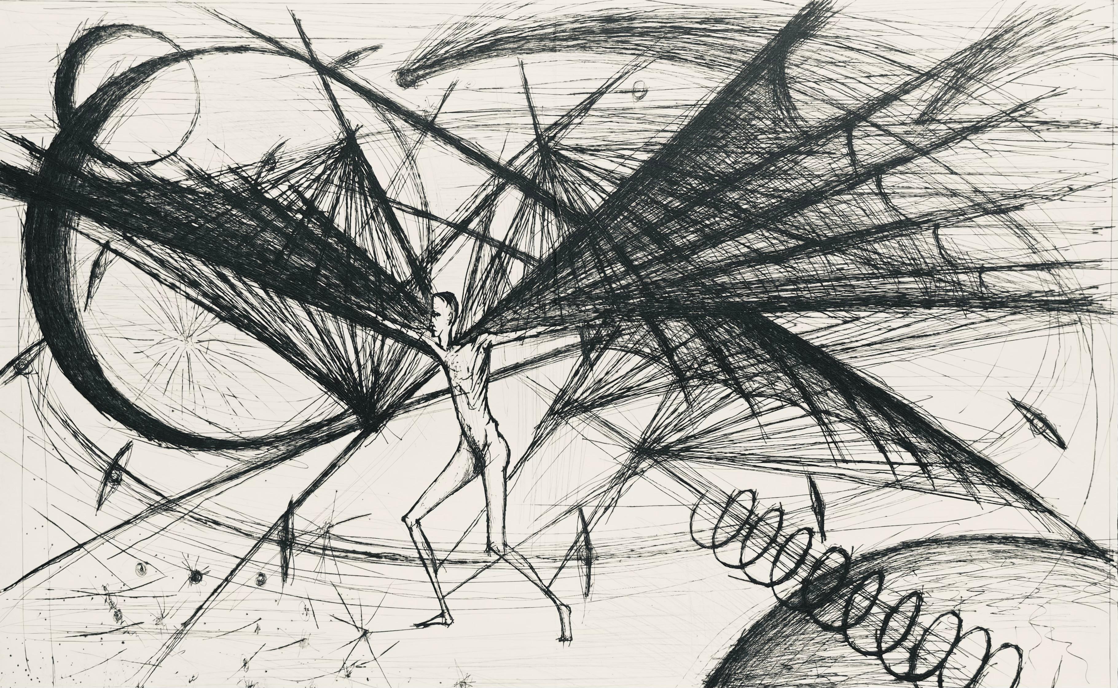 Gravure à la pointe sèche sur papier de Rives B.F.A.I. pur fil. Non signé et non numéroté, tel que publié. Bon état, avec pli central, tel qu'il a été publié. Notes : Extrait de l'in-folio Voyages fantastiques aux États et empires de la lune et du