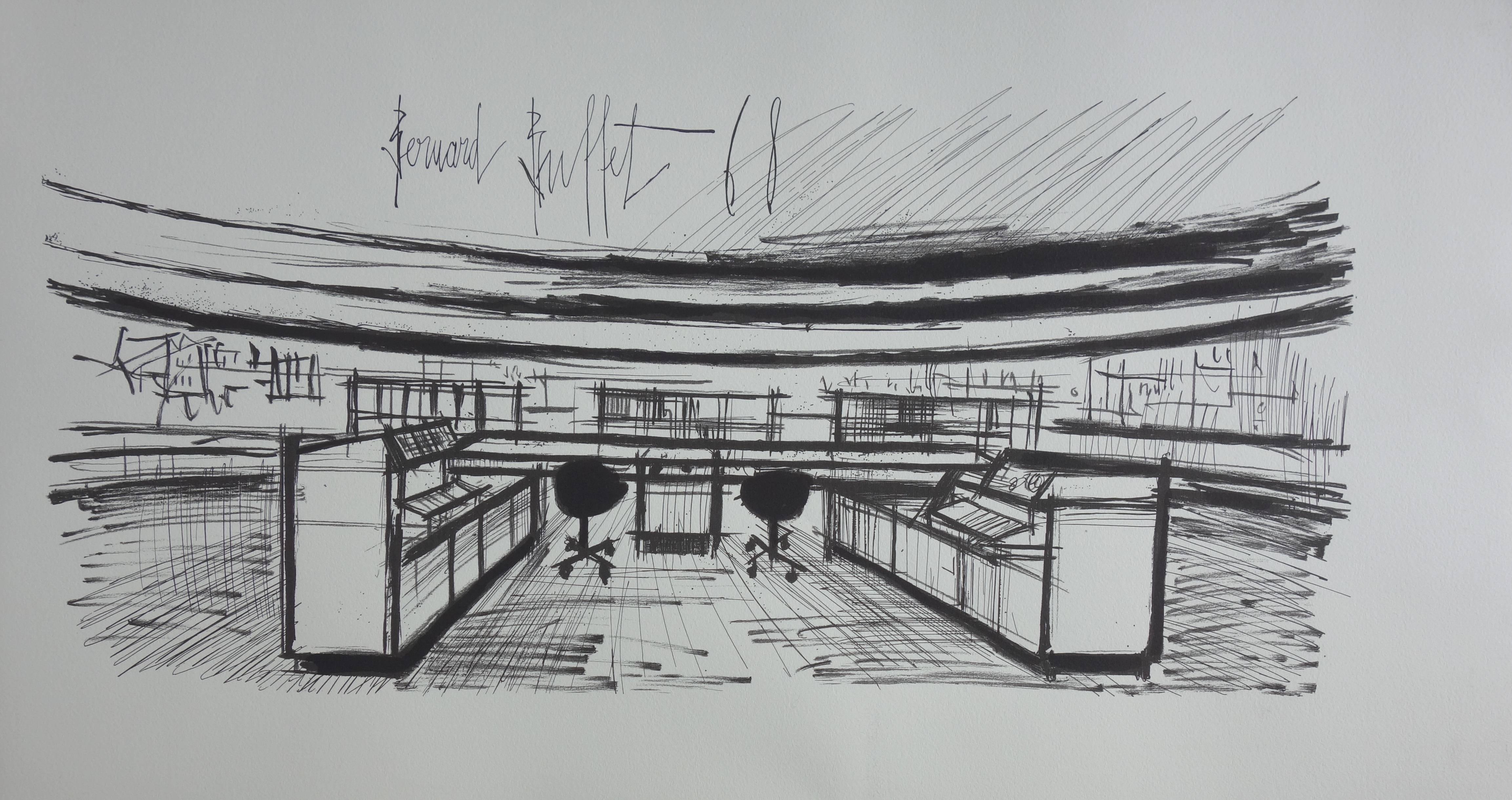 Bernard Buffet Interior Print – Computerwissenschaften: Control Room – Lithographie auf Pergament – 1968