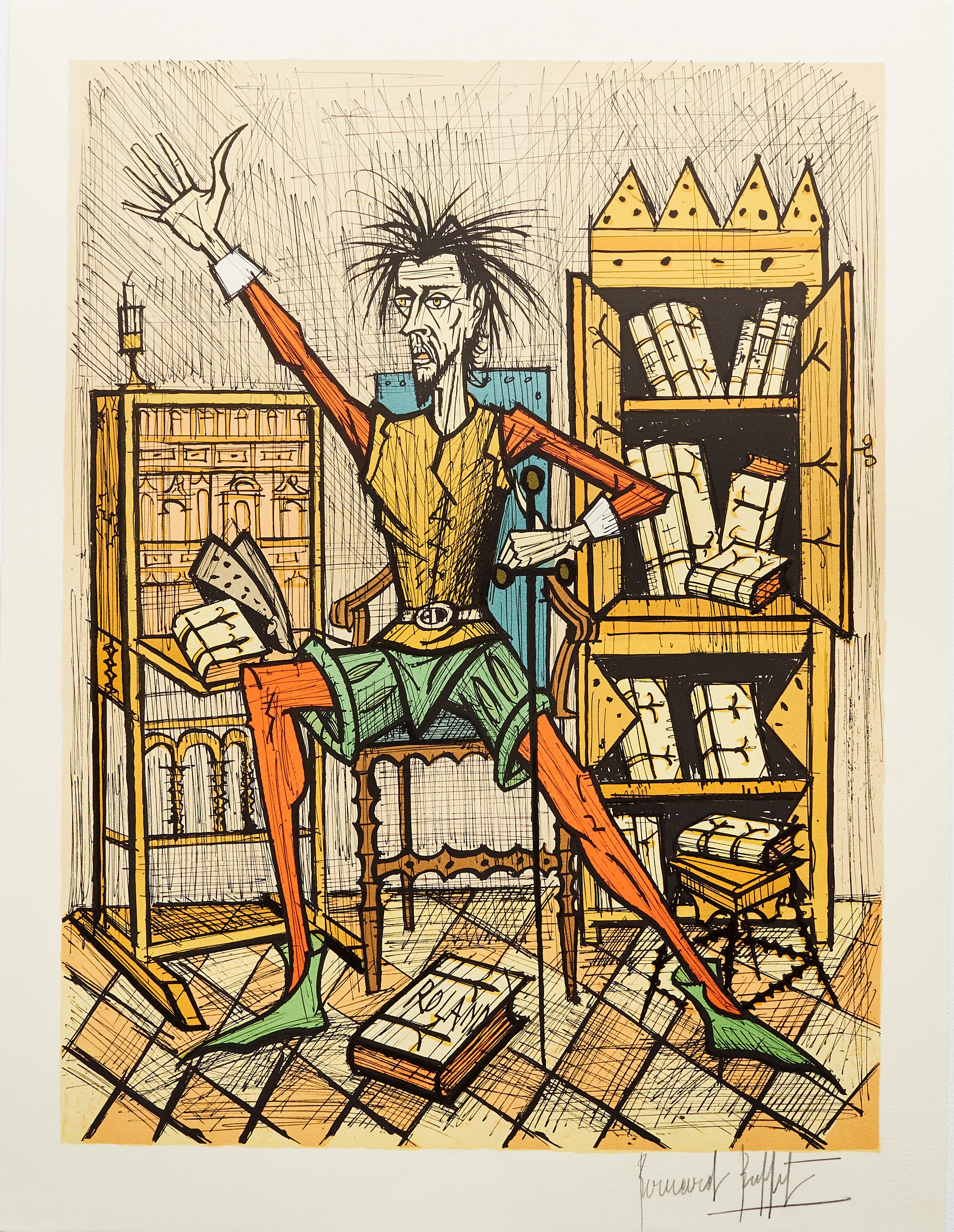 Don Quijote dans la Bibliotèque II von Bernard Buffet - signierte Farblithographie 