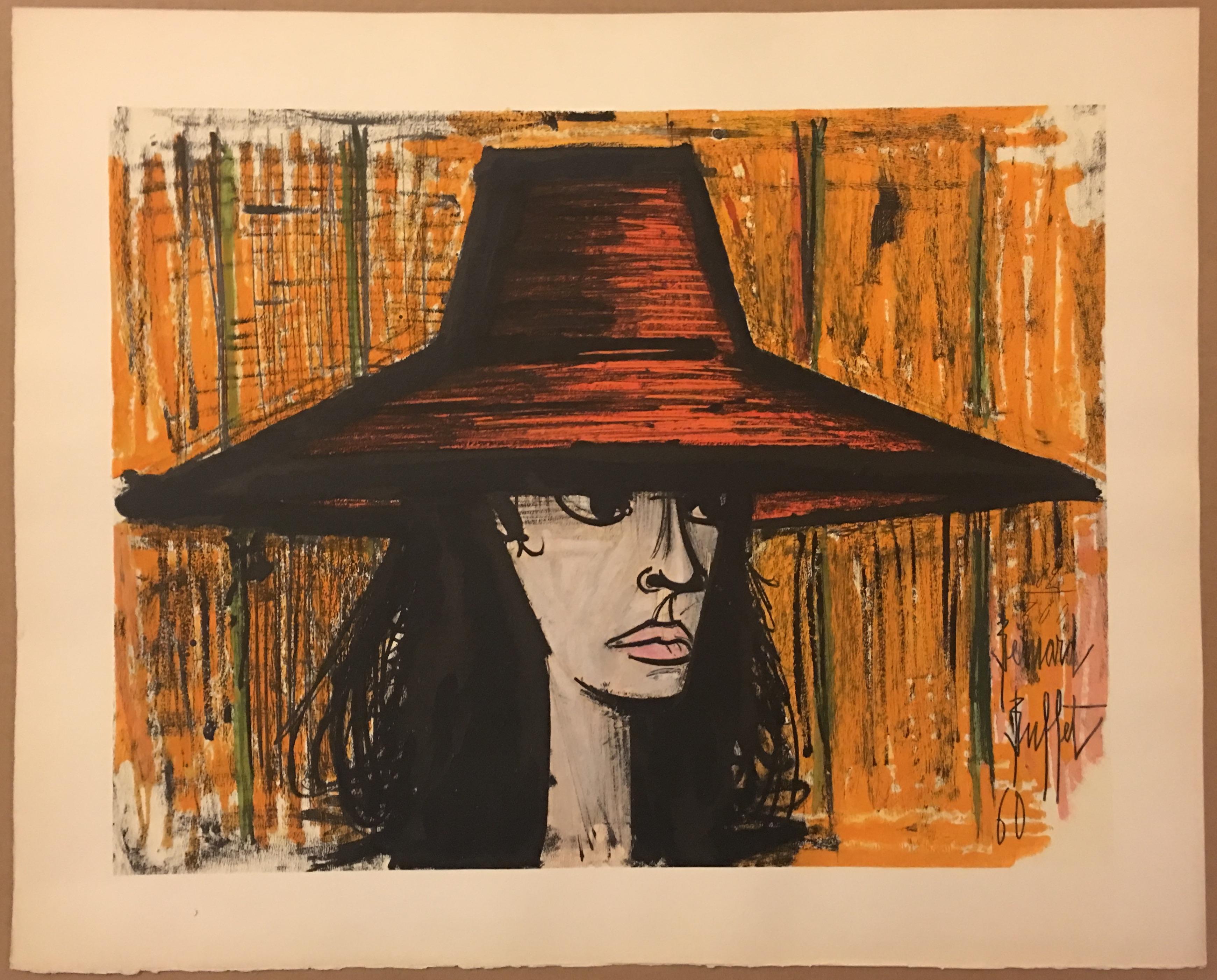 Bernard Buffet Figurative Print - Femme au chapeau rouge (Woman with red hat)