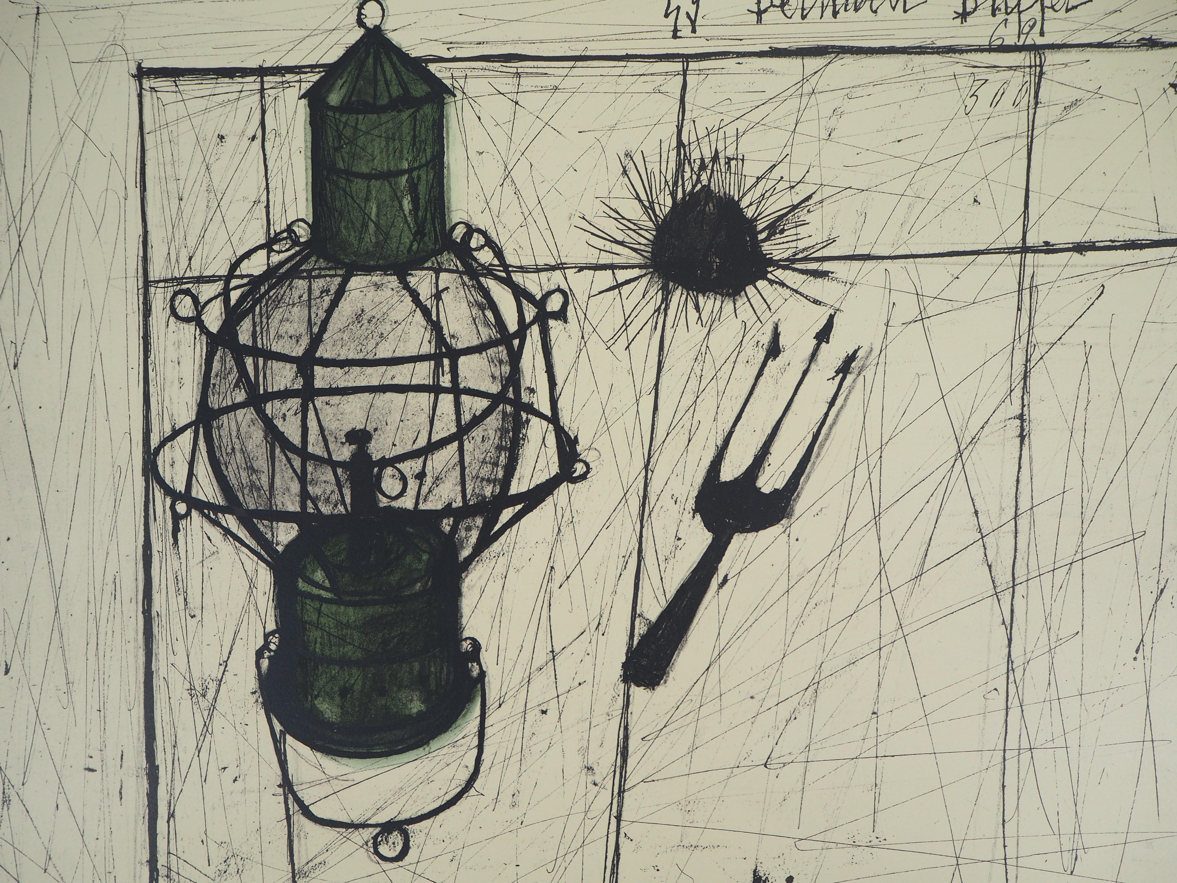 Fischer: Stillleben mit Lampe und Seeigel – Lithographie (Moderne), Print, von Bernard Buffet
