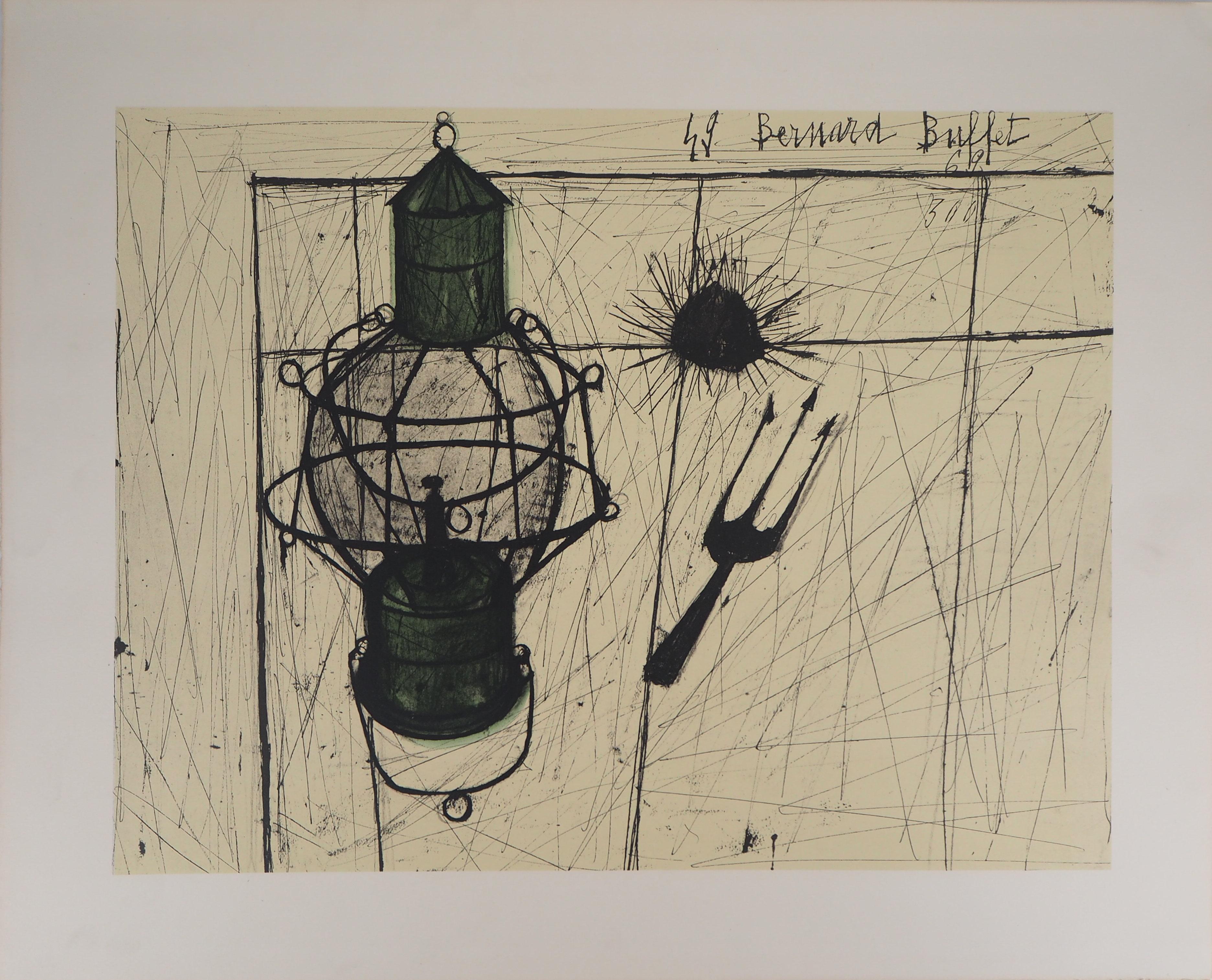 Bernard Buffet Interior Print - Fisherman : Still Life with Lamp and Sea Urchin - Lithograph