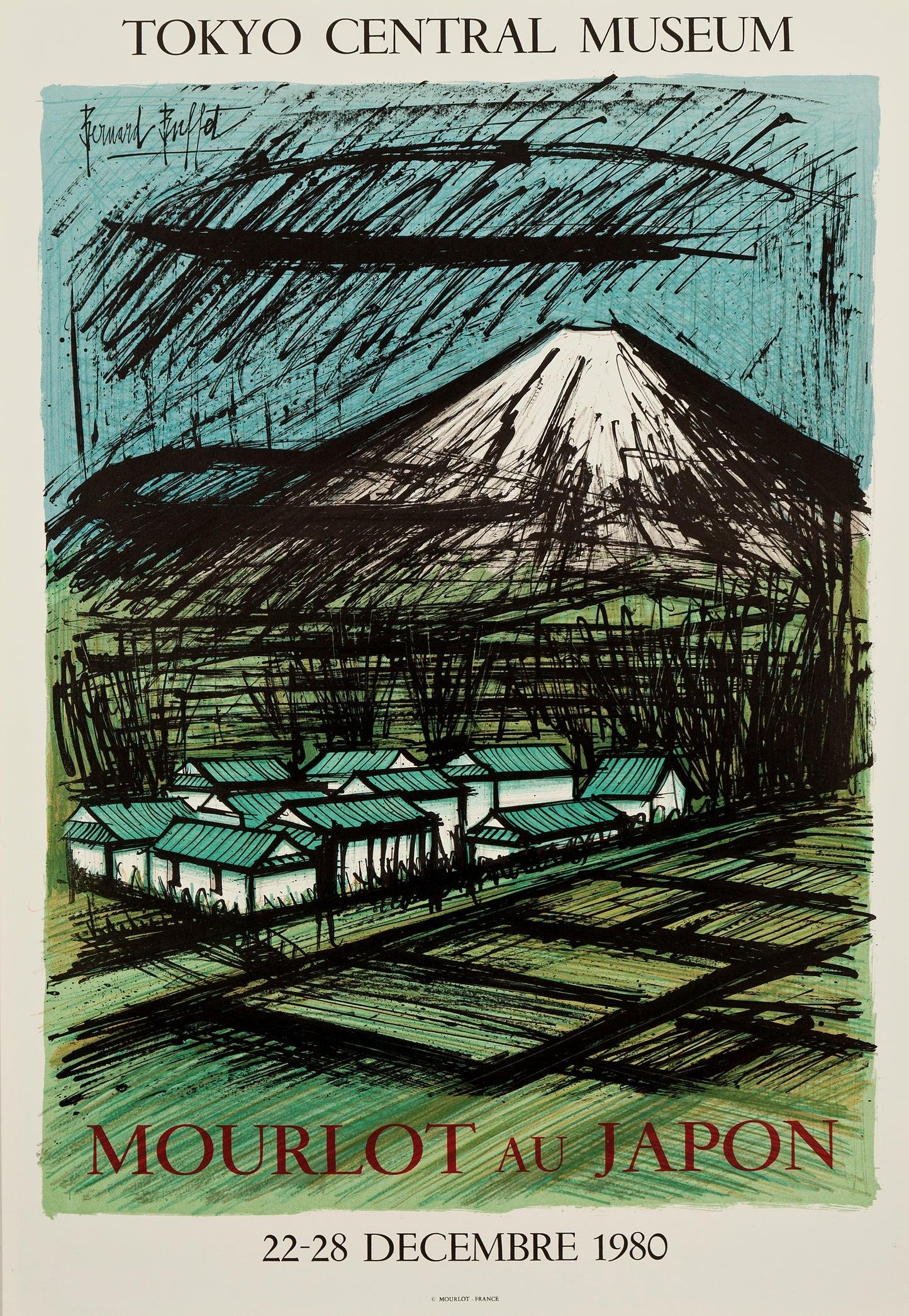 Cette affiche lithographique originale a été conçue par le célèbre artiste français Bernard Buffet pour une exposition de lithographies de Mourlot en 1980 au Tokyo Central Museum. Dès le milieu des années 1950, les œuvres de Buffet ont souvent été
