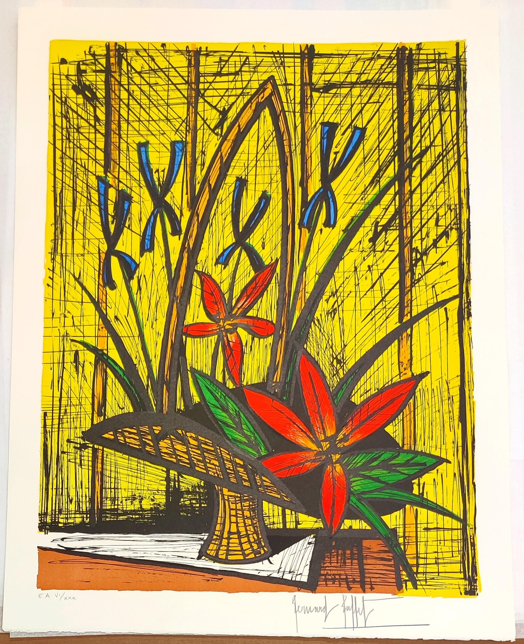 Iris and red flowers bouquet  - Print by Bernard Buffet