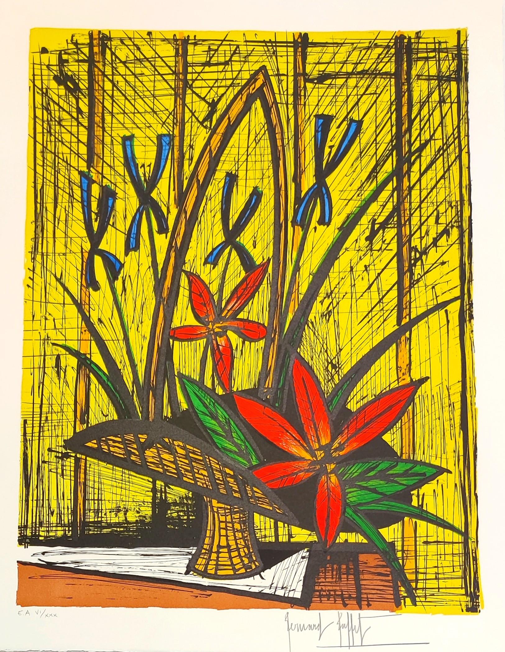 Bernard Buffet Abstract Print - Iris and red flowers bouquet 