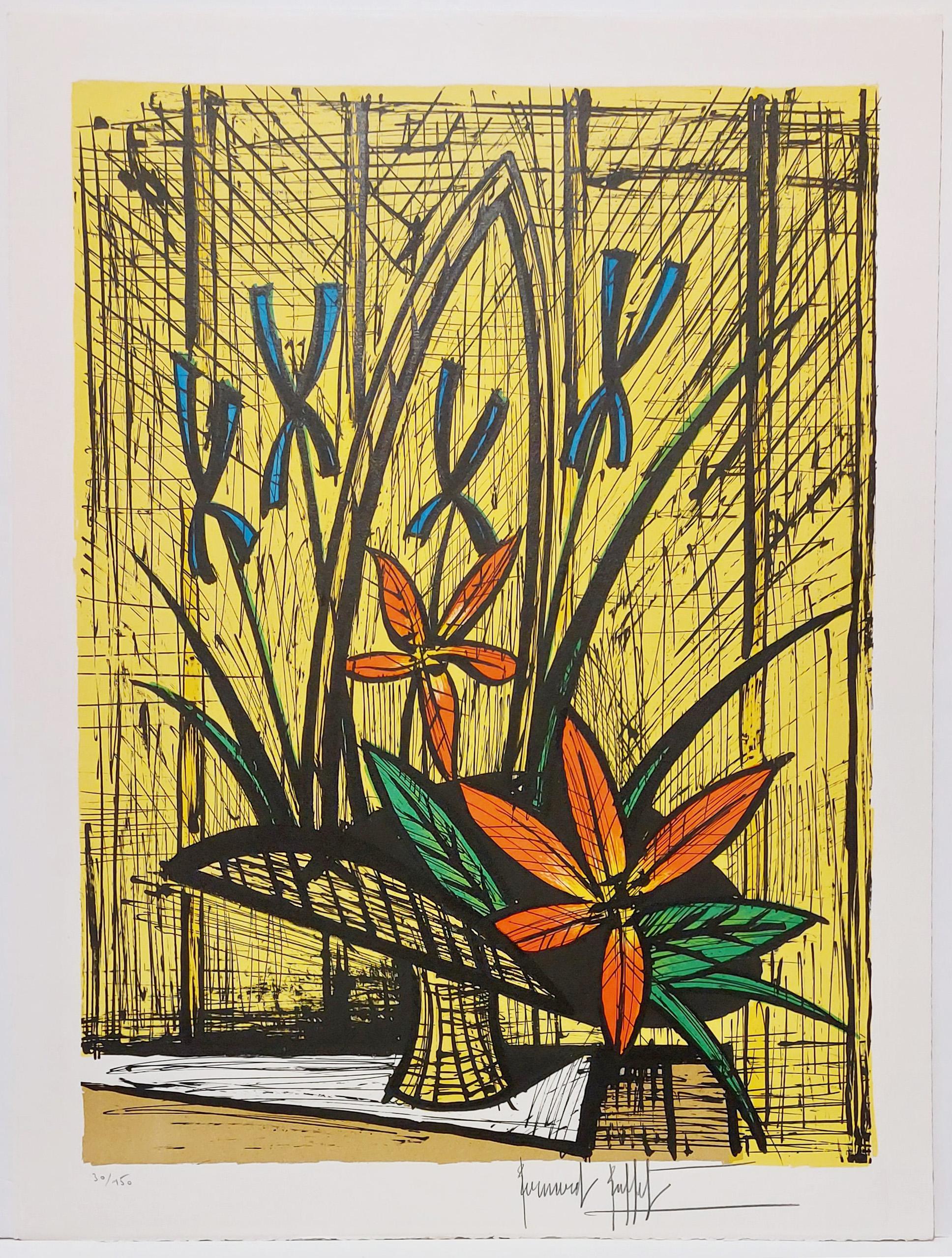 Bernard Buffet Abstract Print - Iris and red flowers bouquet