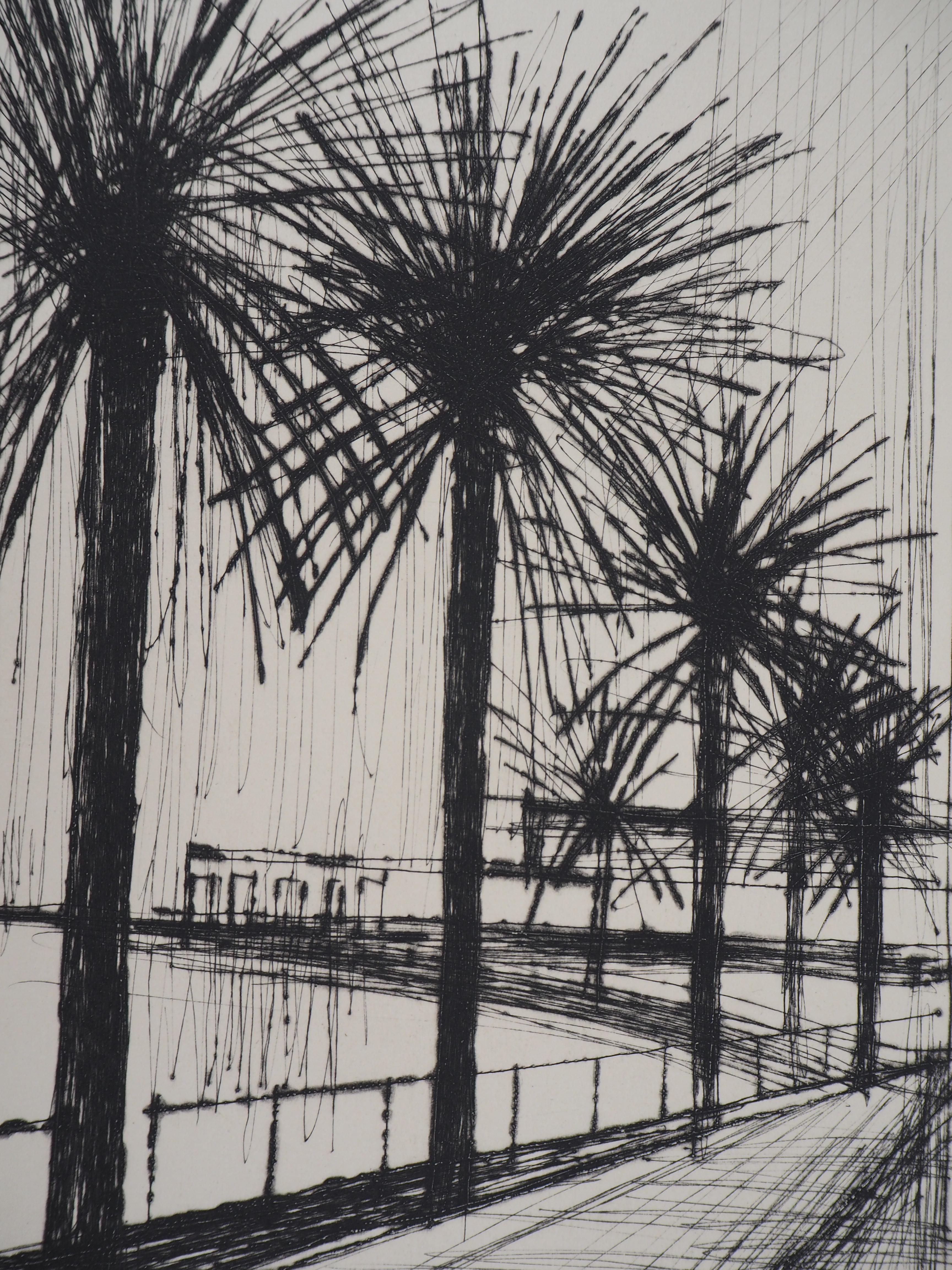  Italien: „Die Palmen von Neapel“ – Original-Radierung, 1959 (Reims #340) (Grau), Landscape Print, von Bernard Buffet