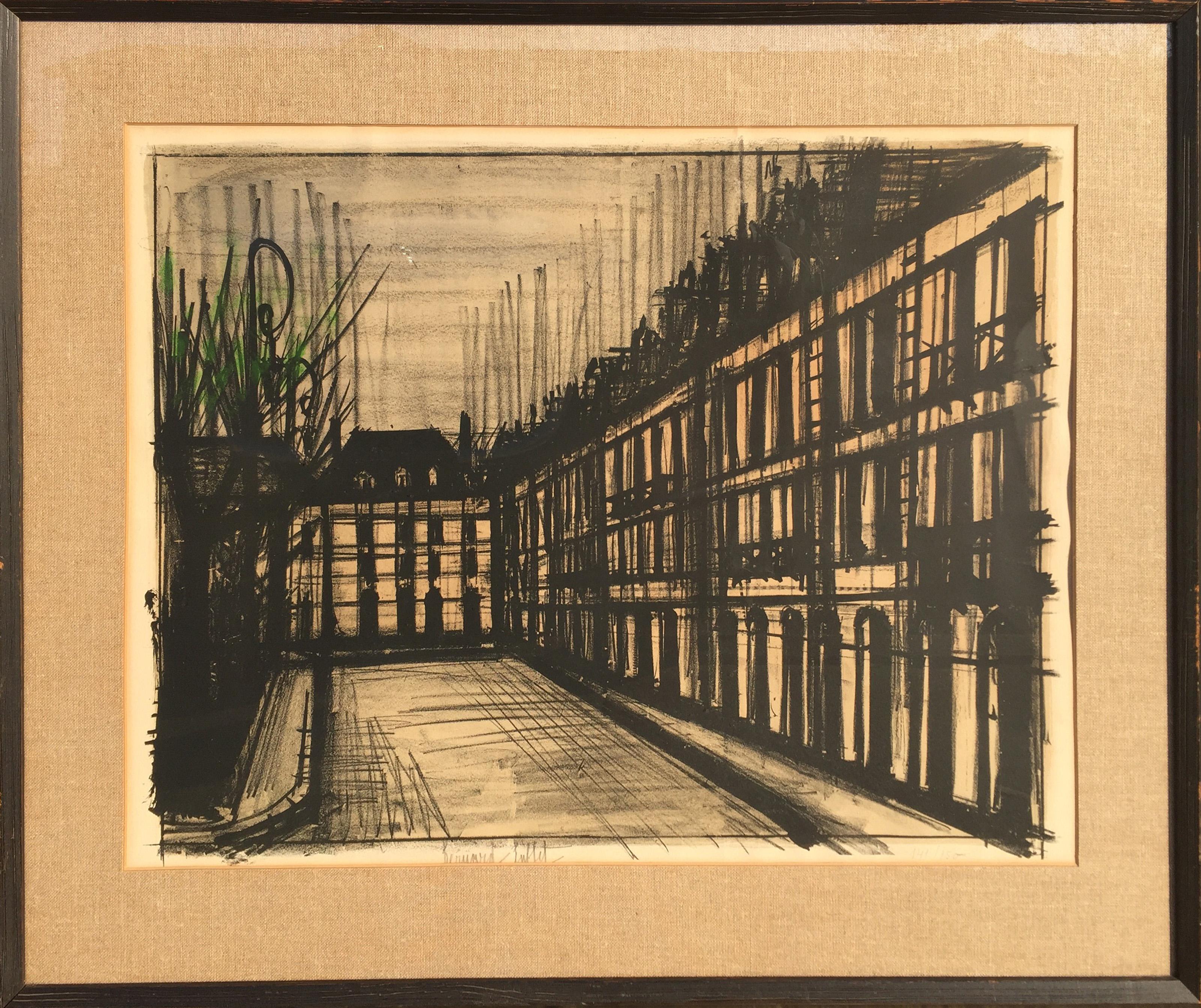 Bernard Buffet, French (1928 - 1999) -  La Place des Vosges. Year: 1962, Medium: Lithograph, signed and numbered in pencil, Edition: 141/150, Size: 21 x 27 in. (53.34 x 68.58 cm), Frame Size: 30 x 35 inches, Description: A modern Parisian cityscape