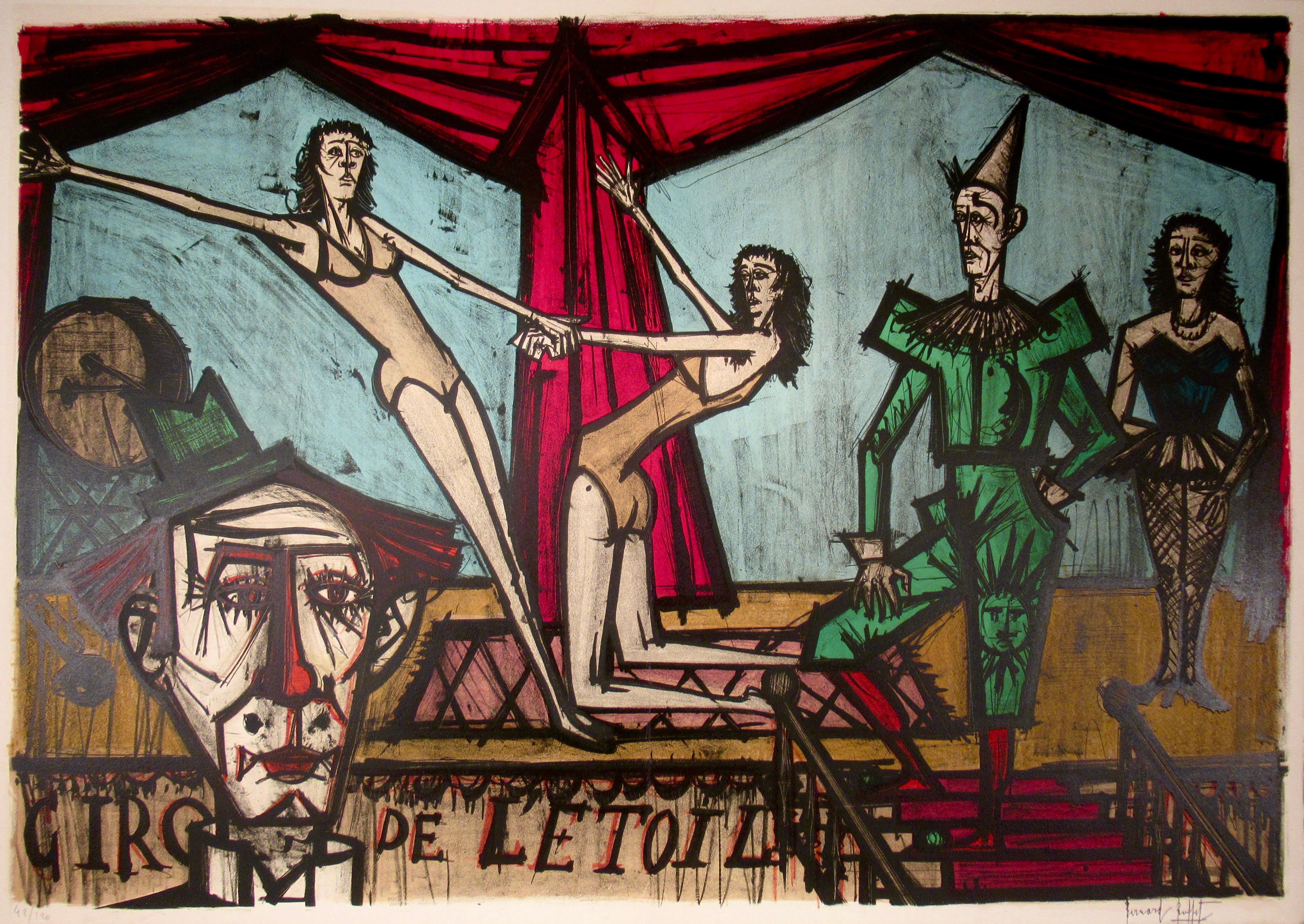 Bernard Buffet Figurative Print - "Le Cirque de l'Etoile" Large colors lithograph.
