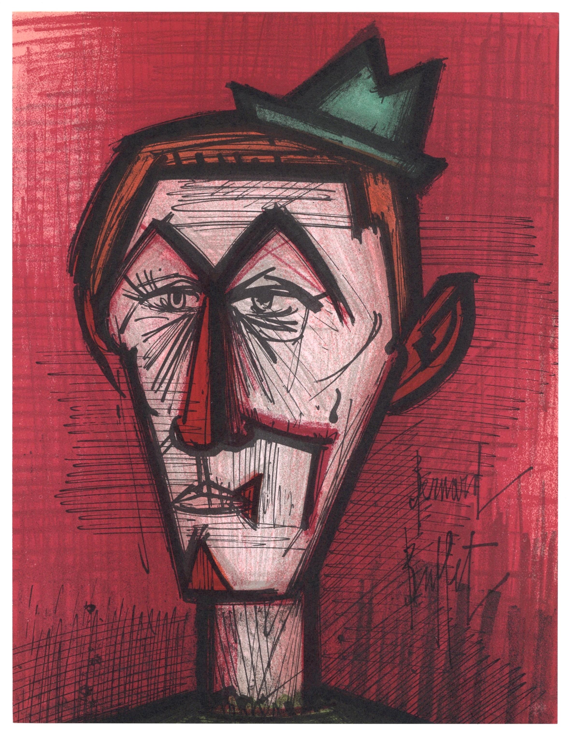 "Le clown au fond rouge" original lithograph - Print by Bernard Buffet