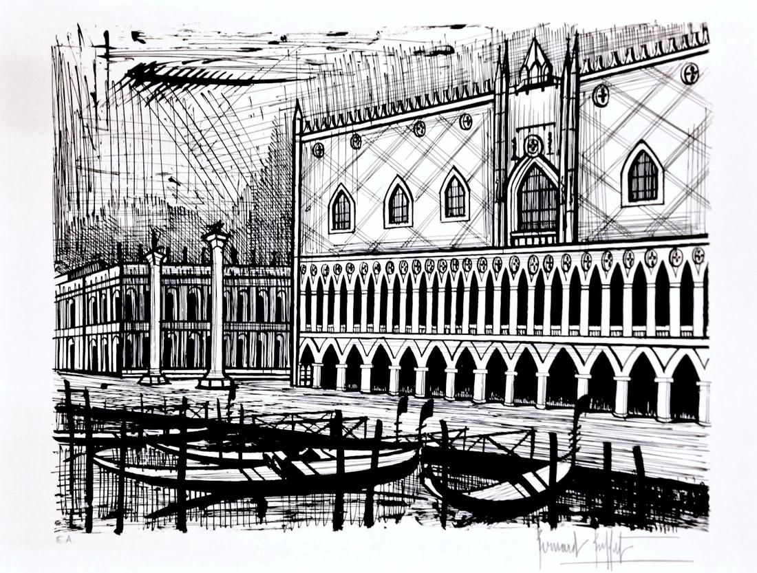 Artist: Bernard Buffet

Medium: Original Lithograph, 1986

Dimensions: 30 x 23 in, 76 x 58 cm

Arches Paper - Excellent Condition A+

This original lithograph by Bernard Buffet, is a proof from the portfolio "Venise", illustrating a text by the