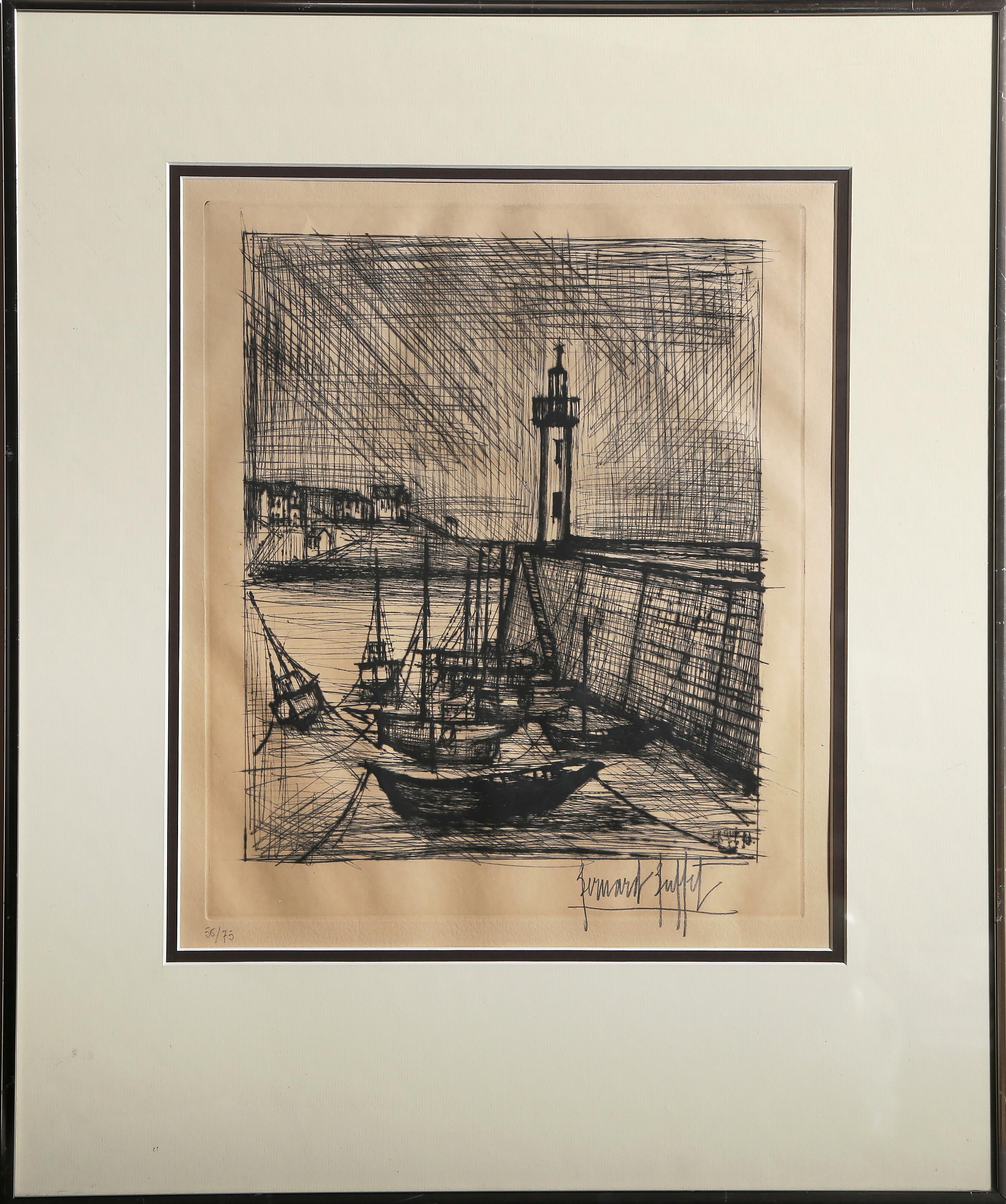  Bernard Buffet, francés (1928 - 1999) -  Le Phare, Año:  1958, Medio:  Aguafuerte, firmado y numerado a lápiz, Edición:  56/75, Tamaño de la imagen:  12 x 10 pulgadas, Tamaño del marco:  22,75 x 19,5 pulgadas 