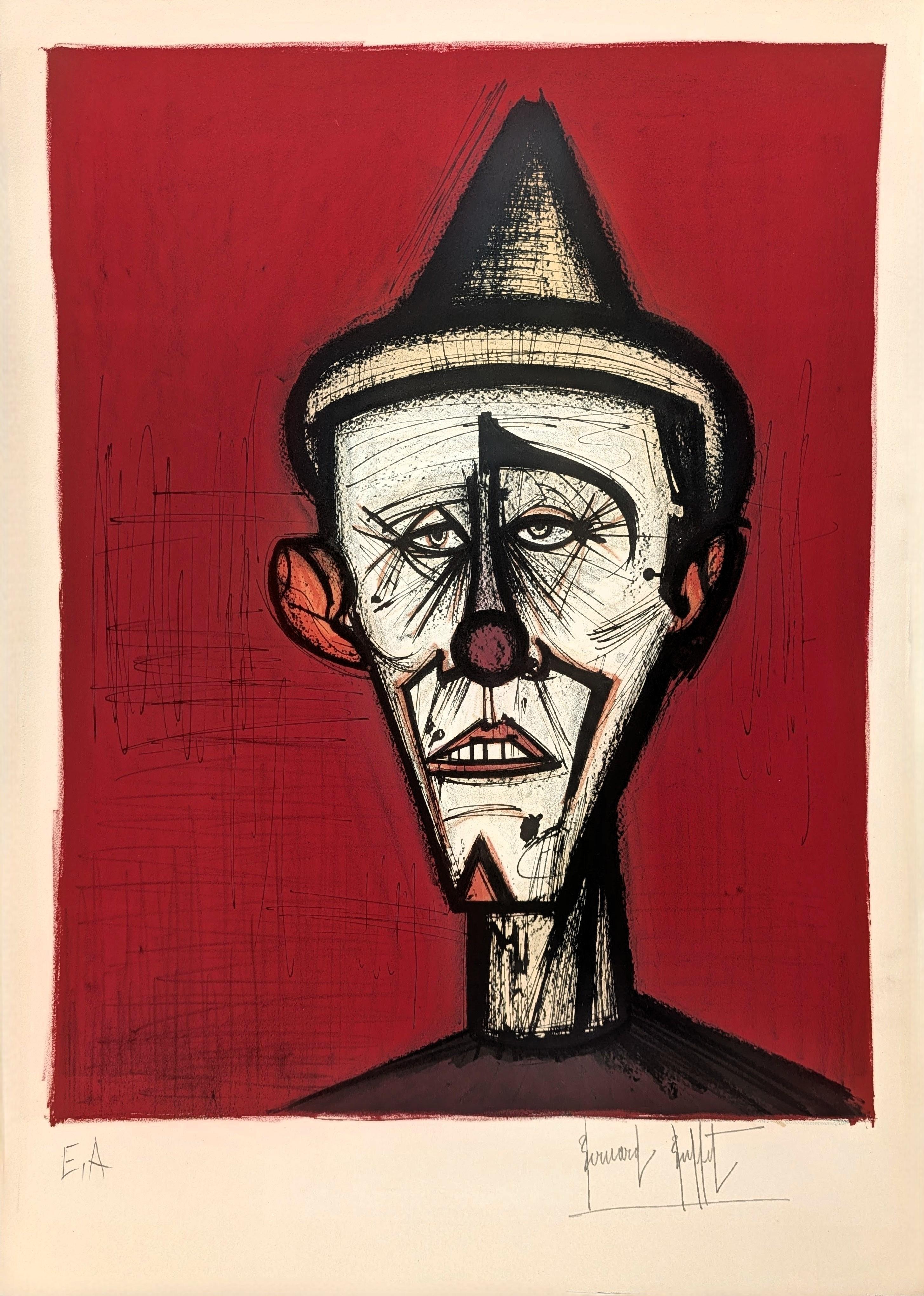 Bernard Buffet Abstract Print - Mon Cirque, le clown au fond rouge