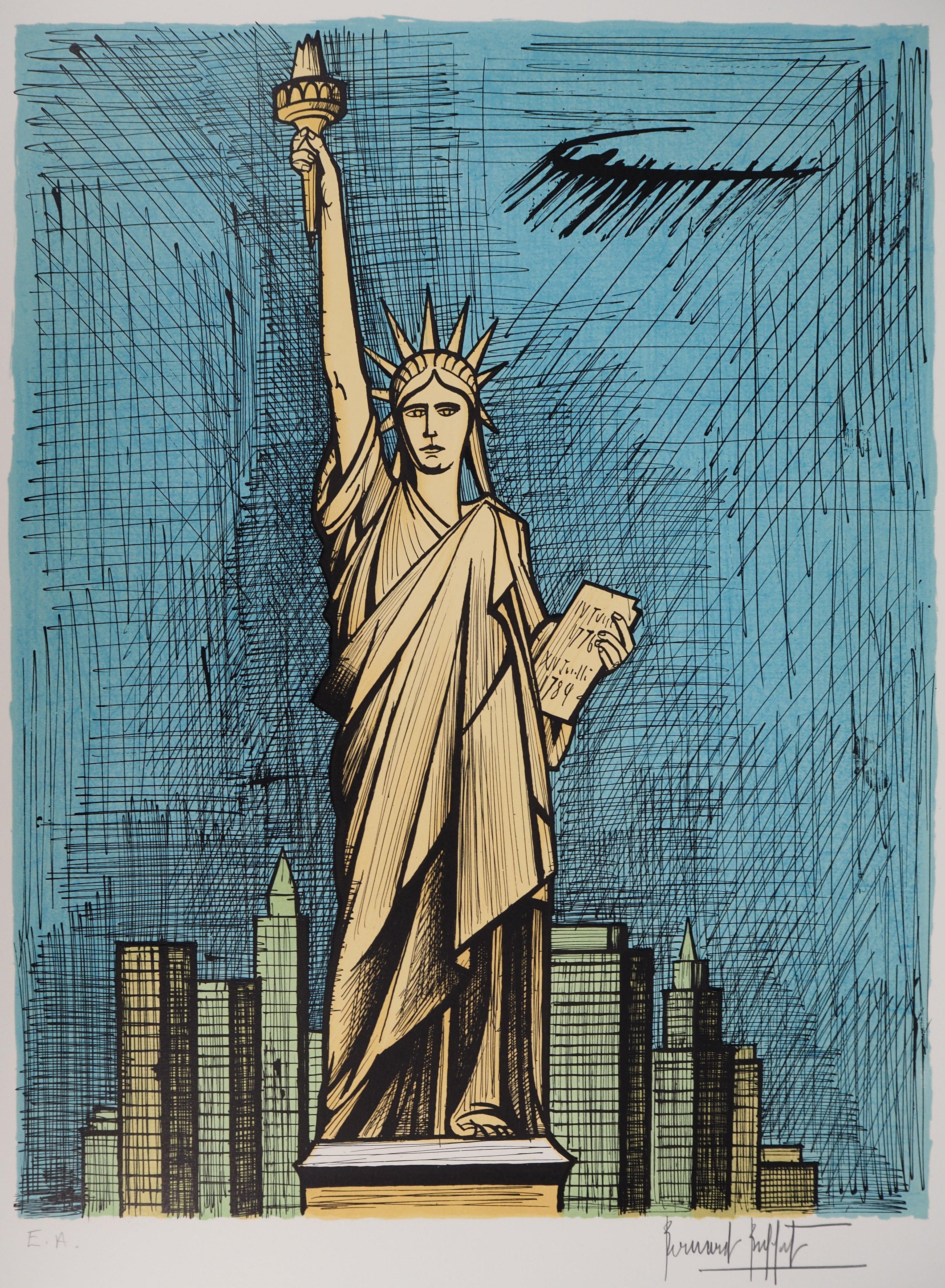 Nueva York : Estatua de la Libertad - Litografía original firmada a mano - Print de Bernard Buffet
