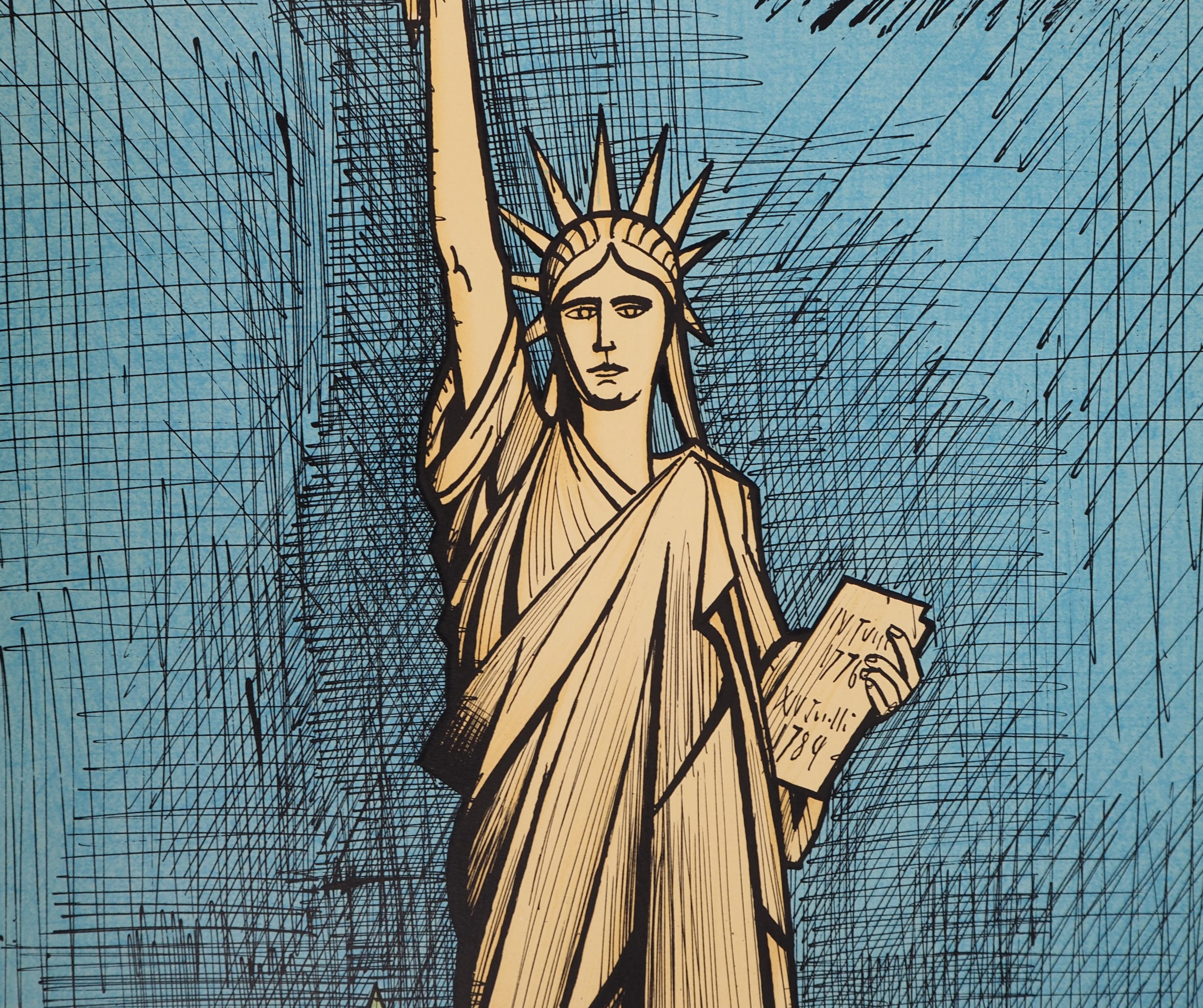 Nueva York : Estatua de la Libertad - Litografía original firmada a mano - Figurative Print Gris de Bernard Buffet