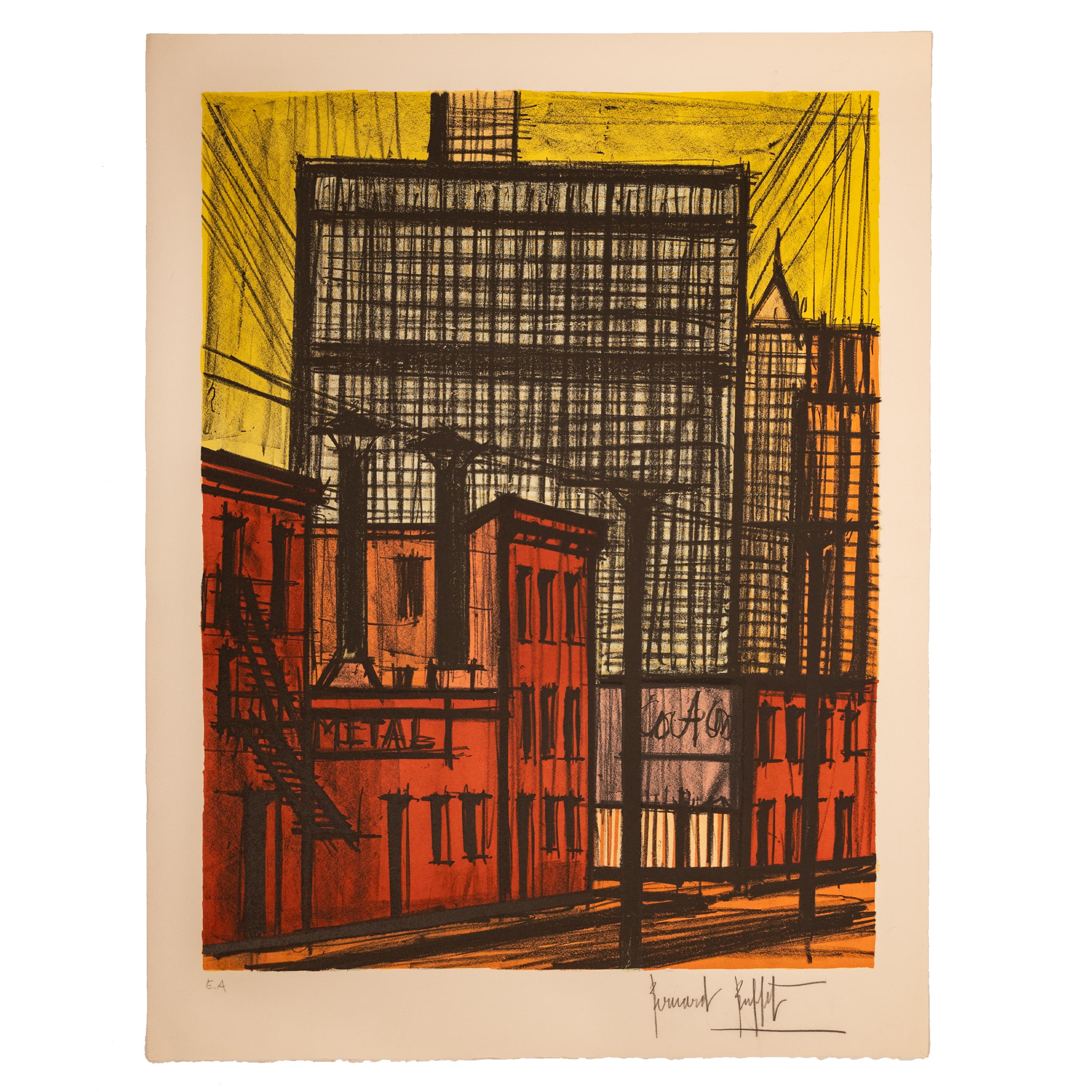 Original muy raro Firmado E.A. Prueba de artista, litografía en color, "Nueva York", de Bernard Buffet (1928-1999). Alrededor de 1980.
Una imagen de paisaje del célebre artista figurativo modernista francés Bernard Buffet, titulada "Nueva York". La