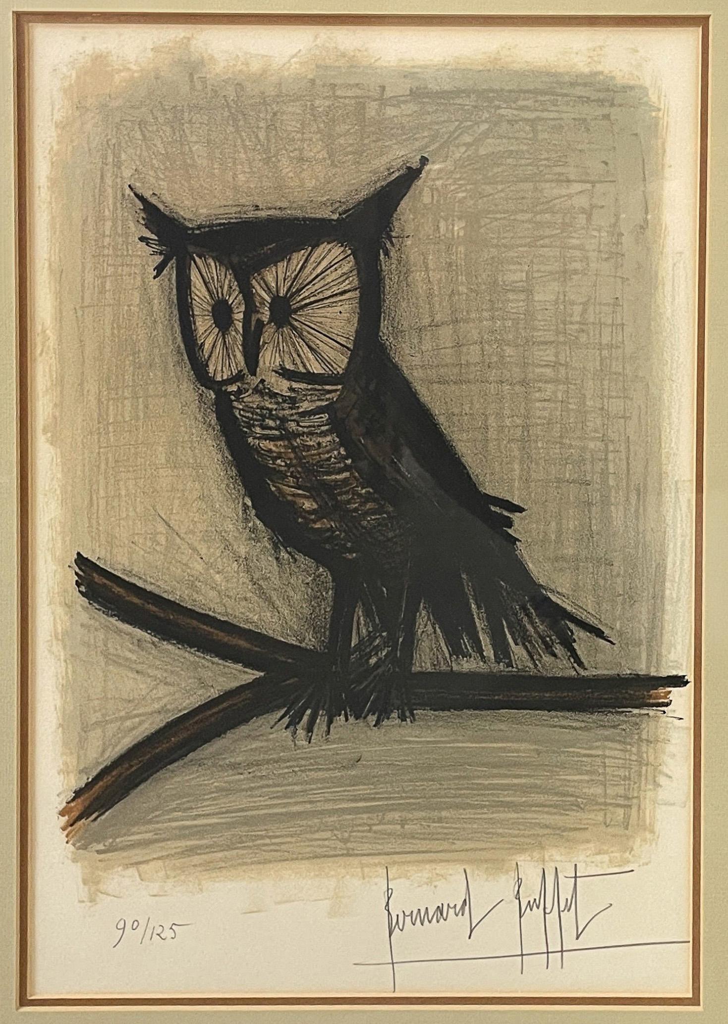 Original Pencil Signed Numbered French Expressionist Color Lithograph of an Owl - Print by Bernard Buffet