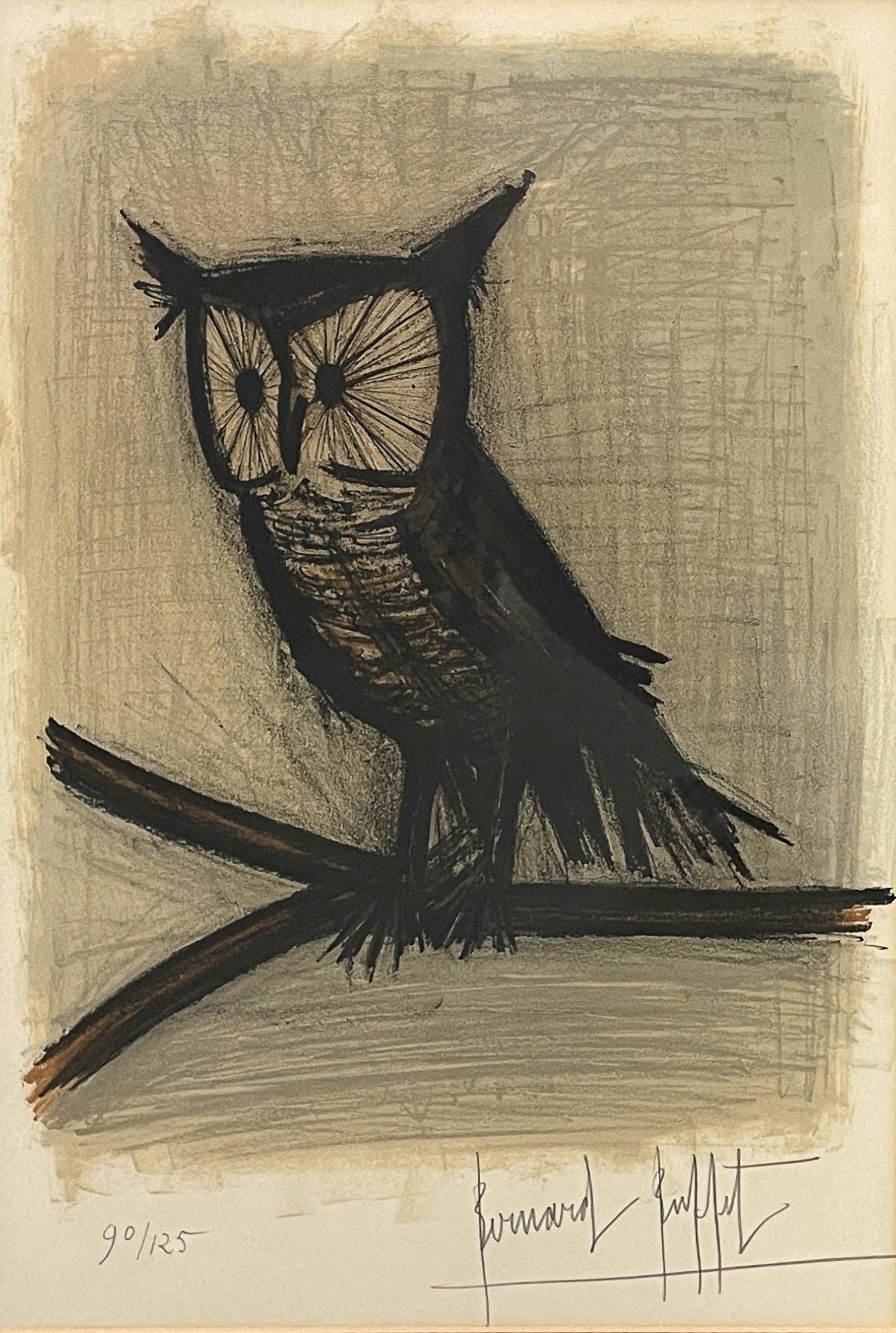 Original Pencil Signed Numbered French Expressionist Color Lithograph of an Owl - Brown Animal Print by Bernard Buffet