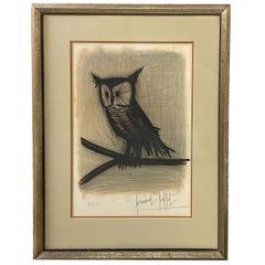 Litografia originale a colori espressionista francese firmata a matita e numerata di un gufo