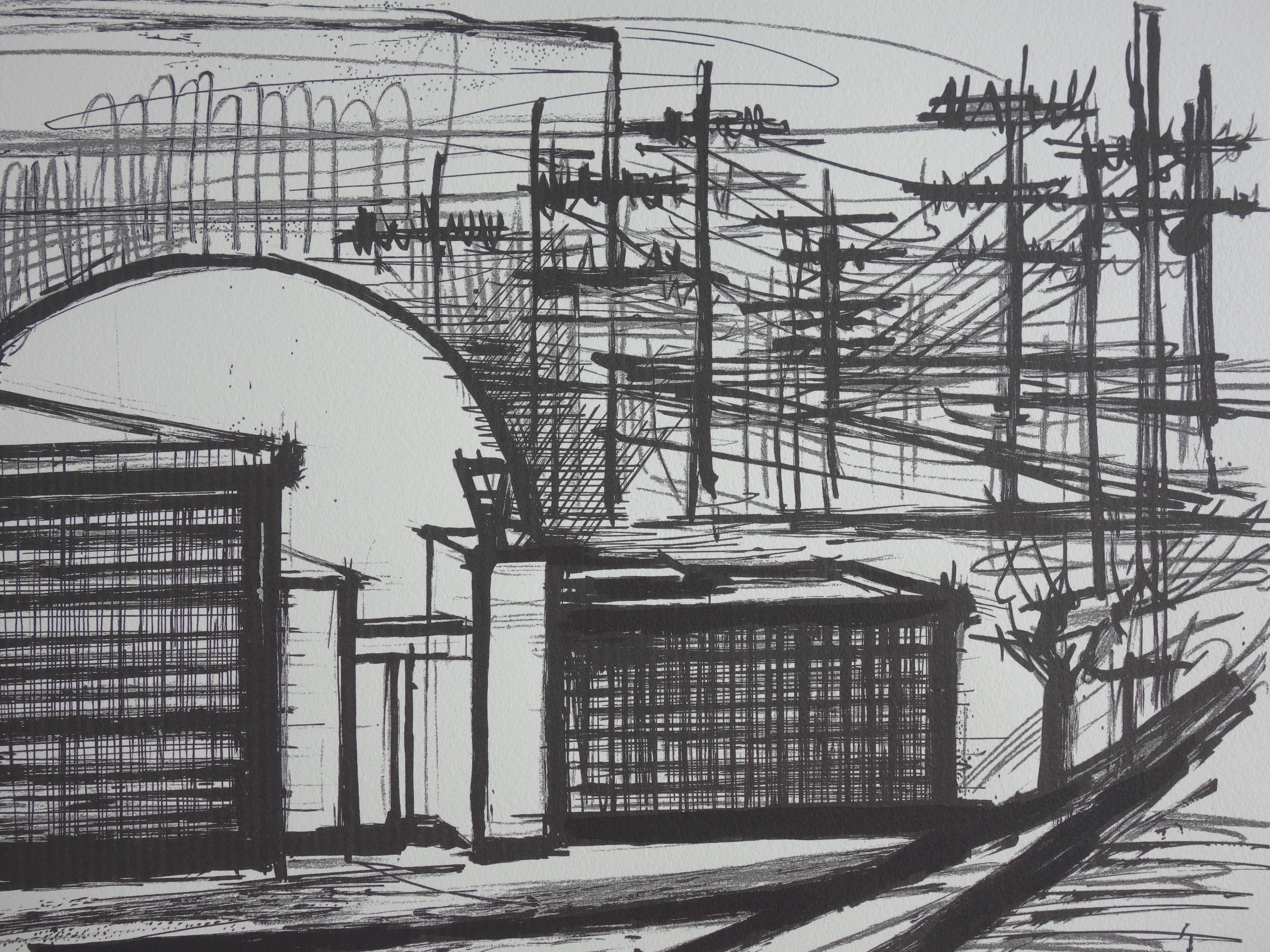 Power Station - Lithograph on vellum - 1968 - Gray Landscape Print by Bernard Buffet