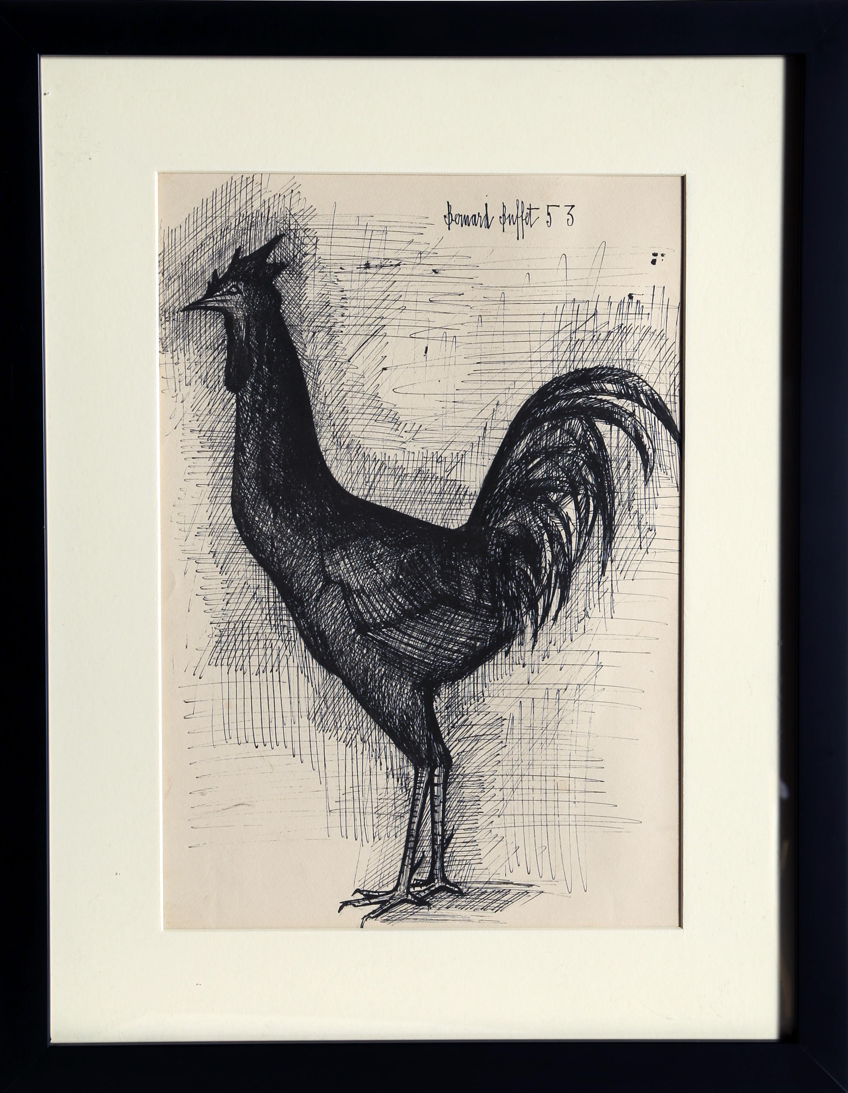 Artist: Bernard Buffet, French (1928 - 1999)
Title: Rooster
Year: 1953
Medium: Lithograph mounted on Board, signed in the plate
Image Size: 15 x 10 in. (50.8 x 36.83 cm)
Frame: 22 x 17 inches