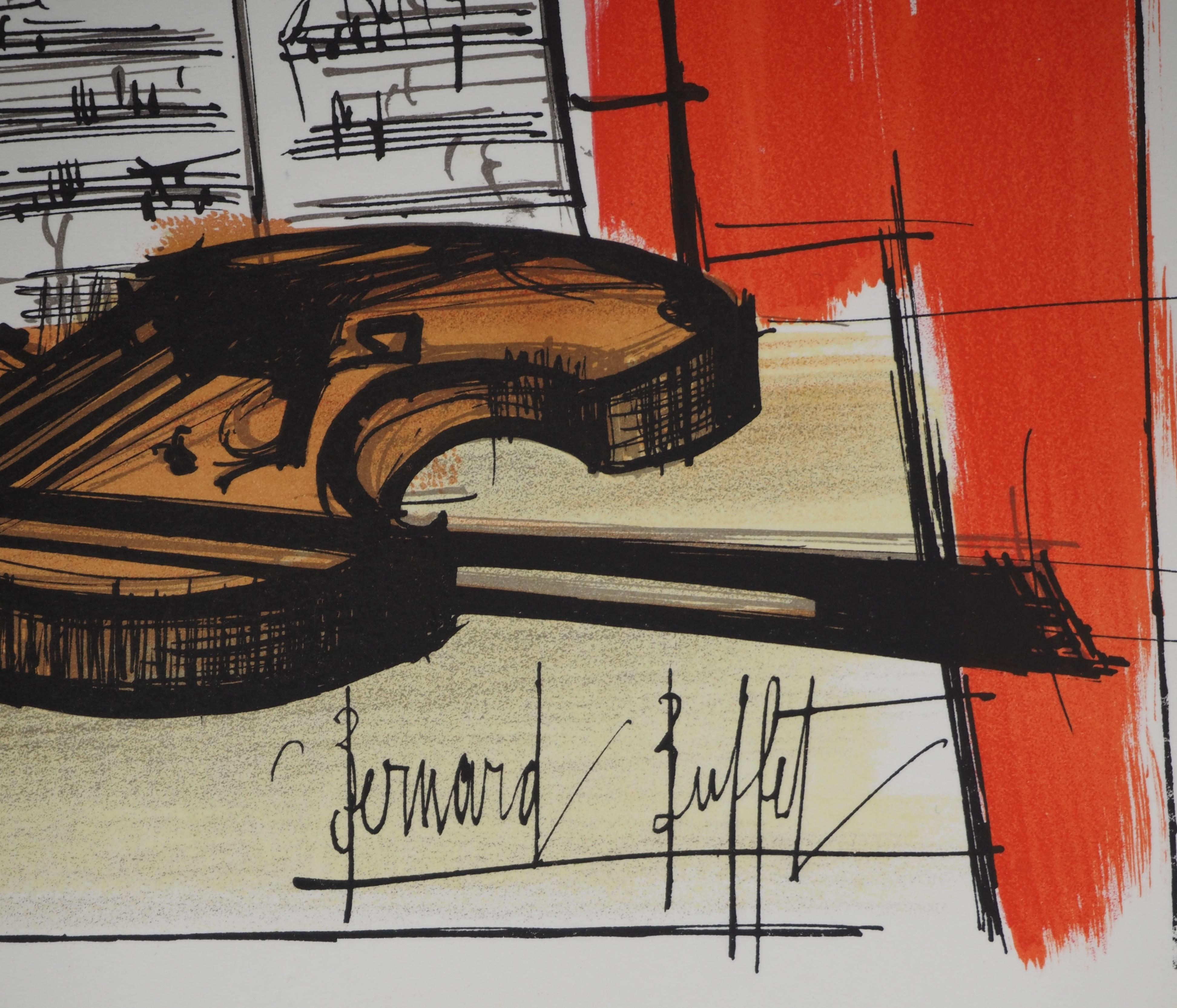 Natura morta con violino - Litografia originale (Mourlot) - Print Astrattismo geometrico di Bernard Buffet