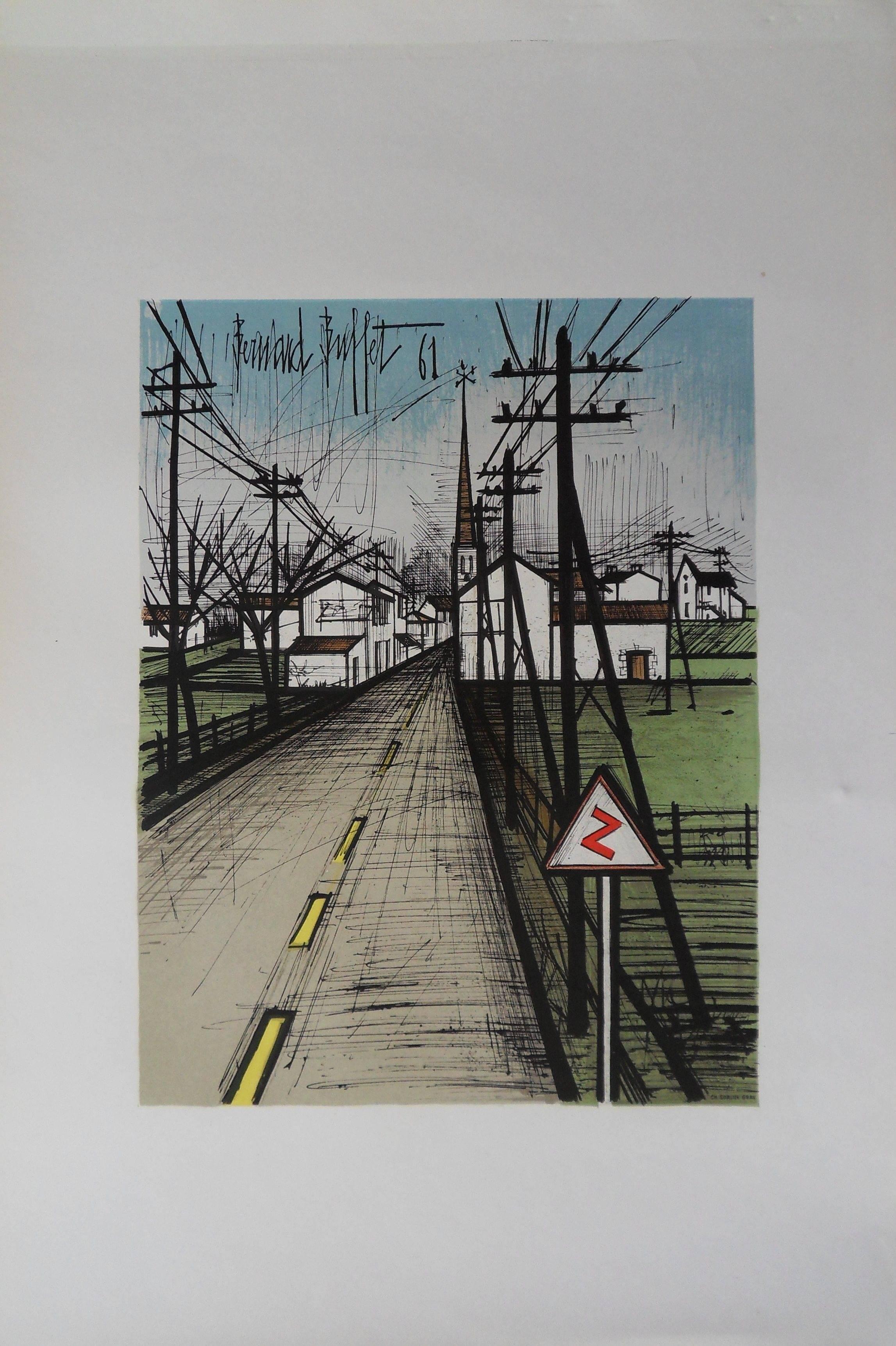 The Road - Original lithograph - Mourlot 1962 - Gray Landscape Print by Bernard Buffet