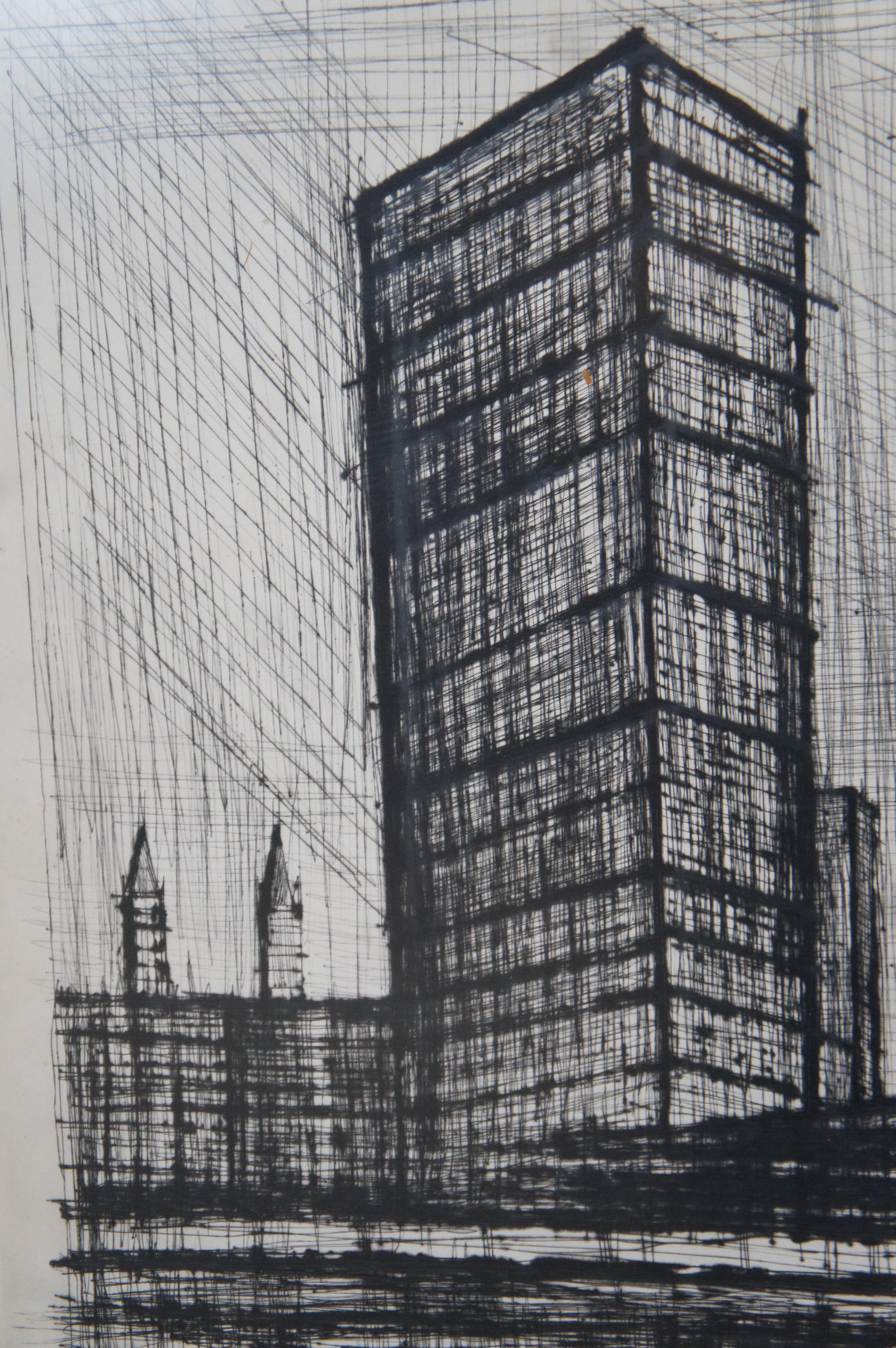 Bernard Buffet United Nations Building New York Cityscape Drypoint Etching  For Sale 3