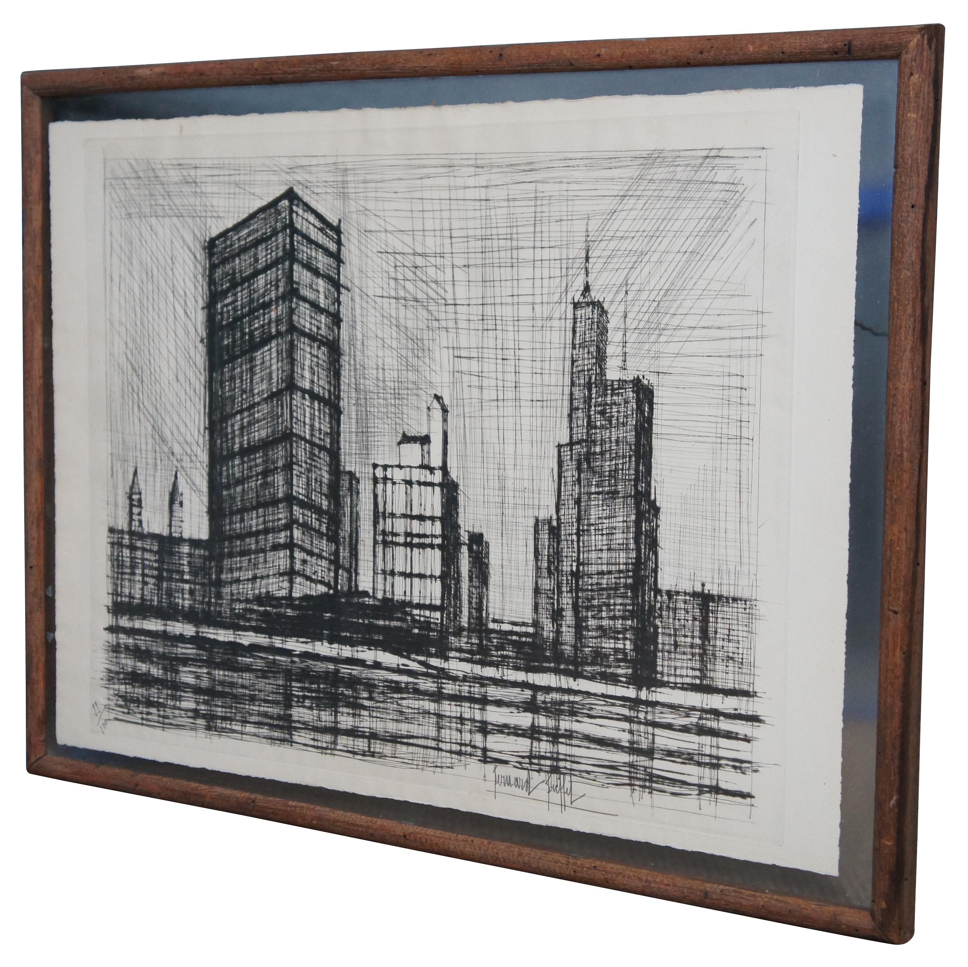 Mid-Century Modern pencil signed cityscape / city skyline drypoint etching, New York IX showing the United Nations building, pencil signed and numbered 99/200 by Bernard Buffet. 

 “Bernard Buffet was born in Paris, France on July 10, 1928. He