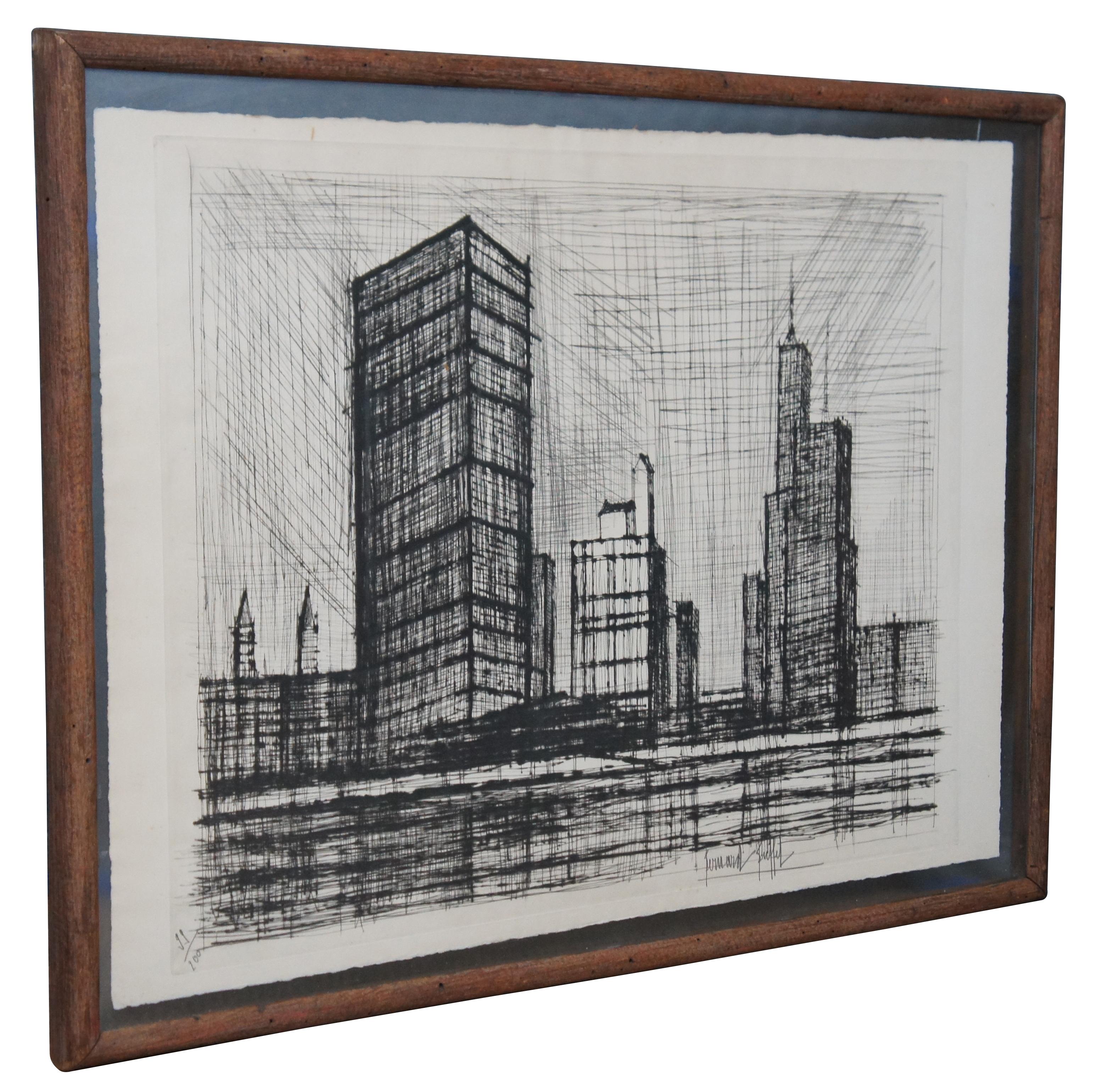 Mid-Century Modern Bernard Buffet United Nations Building New York Cityscape Drypoint Etching 33