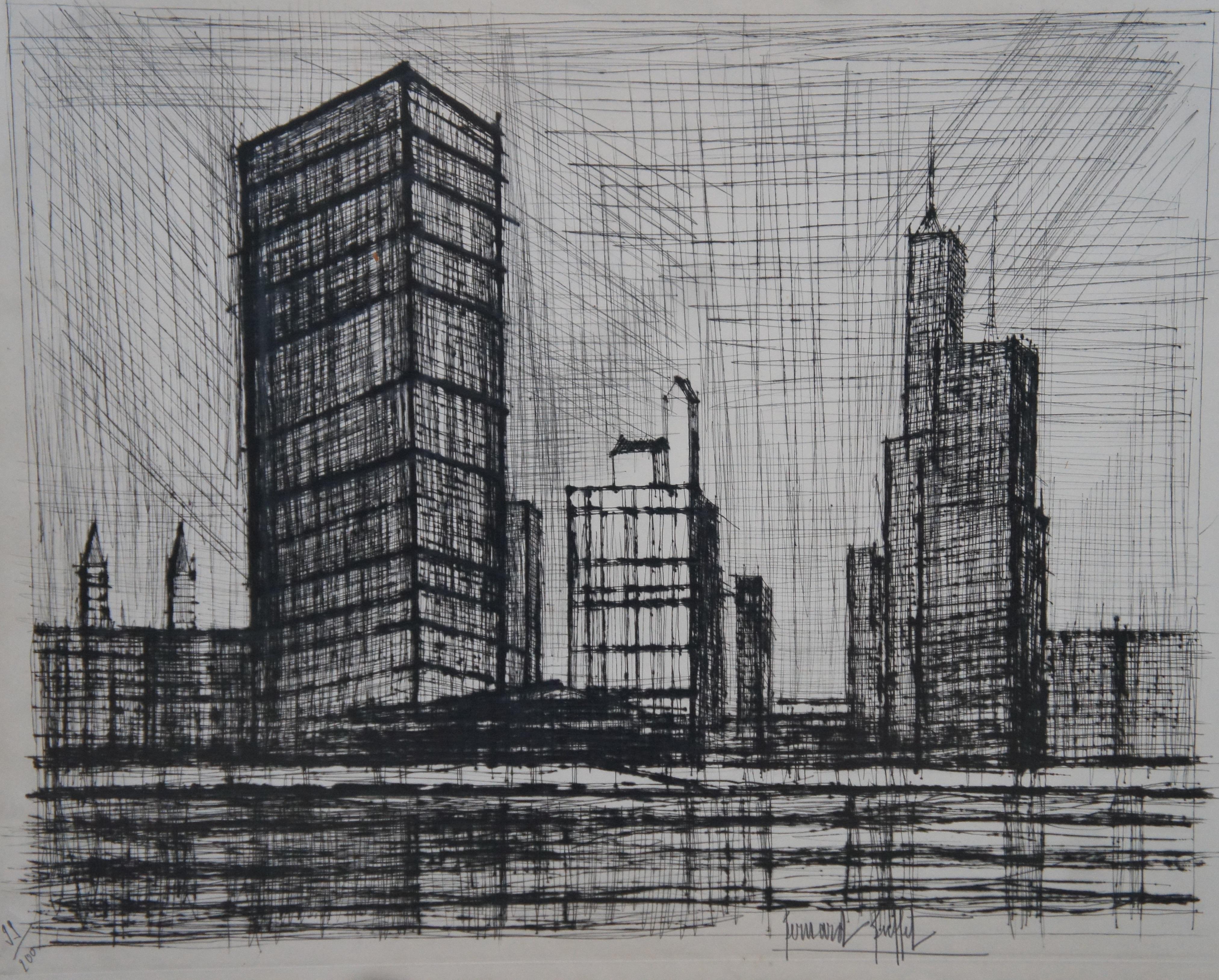 Paper Bernard Buffet United Nations Building New York Cityscape Drypoint Etching  For Sale