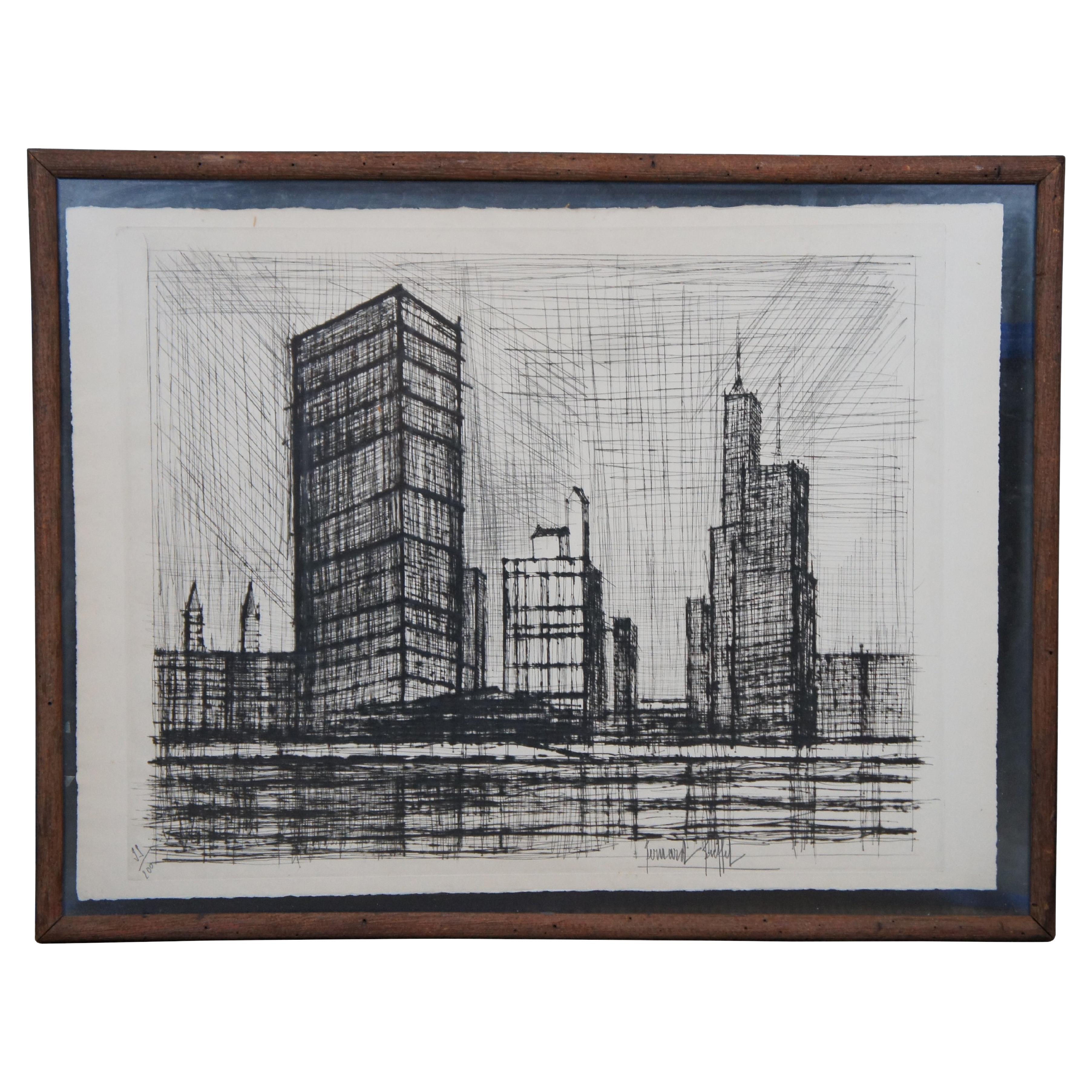 Bernard Buffet United Nations Building New York Cityscape Drypoint Etching  For Sale