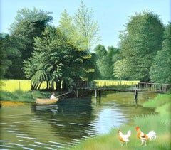 Peinture à l'huile anglaise du milieu du 20e siècle représentant un paysage naïf de la rivière Avon