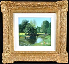 Vintage On the Avon - Mid 20th Century English Naive Naif River Landscape Oil Painting