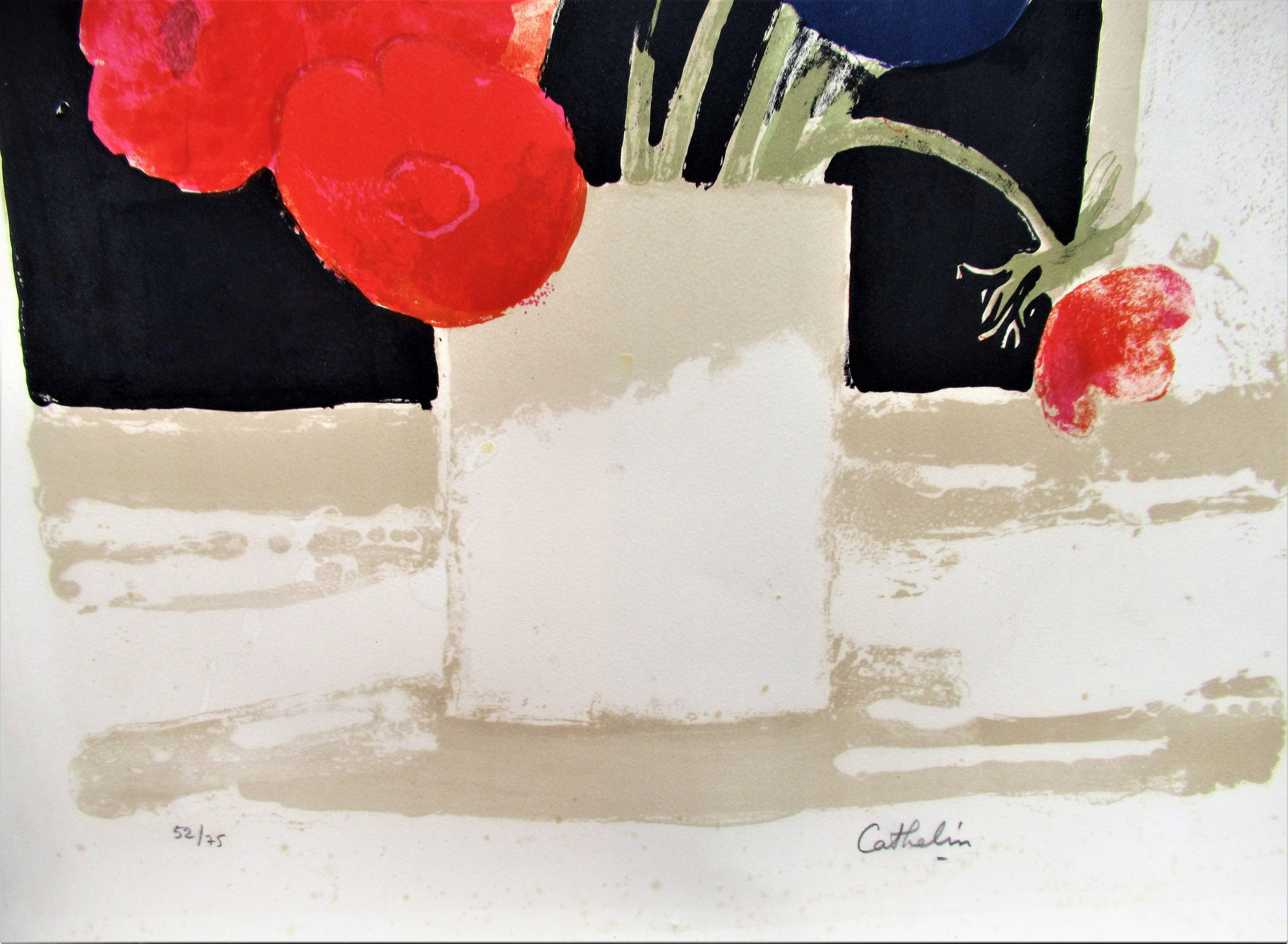 Limited edition large lithograph on Arches paper - Anemones - Bernard Cathelin - artist pencil signed lower right / pencil signed lower left 52/75 - pencil signed by artist on reverse - appears to read - anemones au par blanc - see image 9.