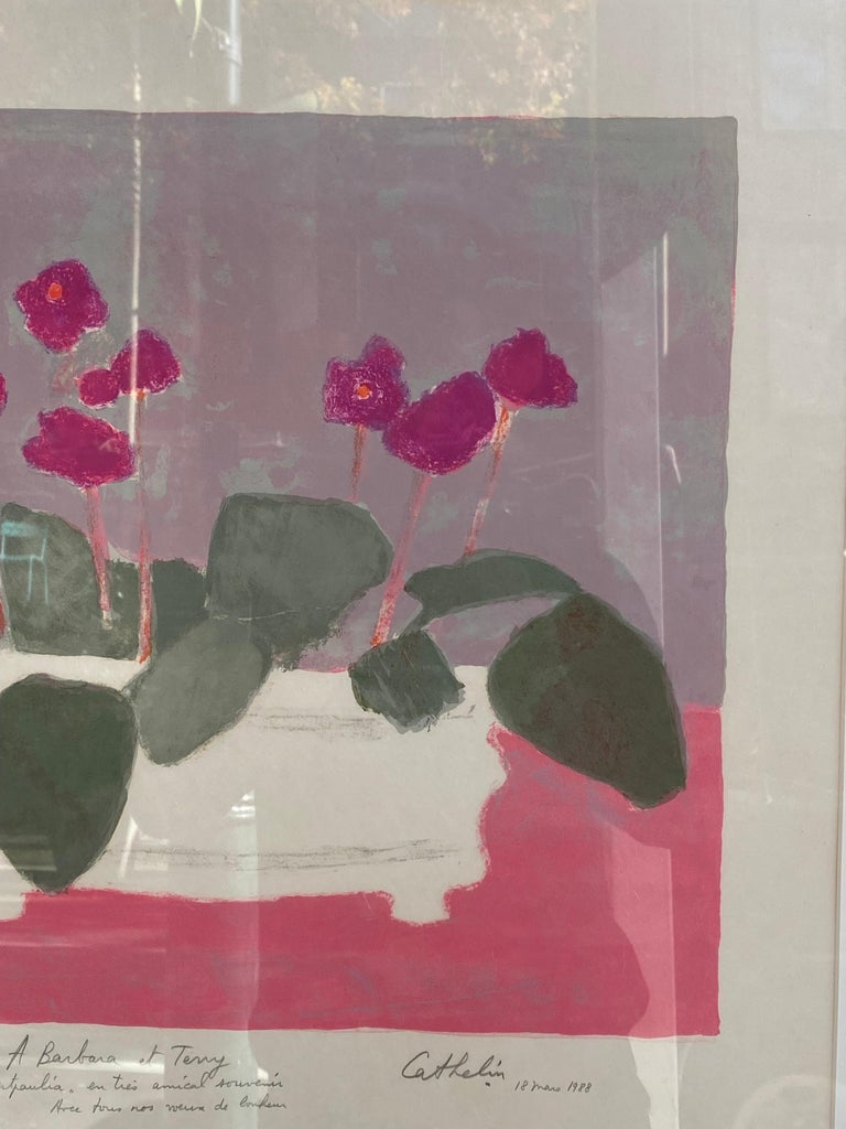 Bernard Cathelin was a French painter and lithographer known for his stylized abstractions of flowers, landscapes, and figures. This signed and numbered lithograph depicts primroses in a small pot. Cathelin used thick palette knife applications and