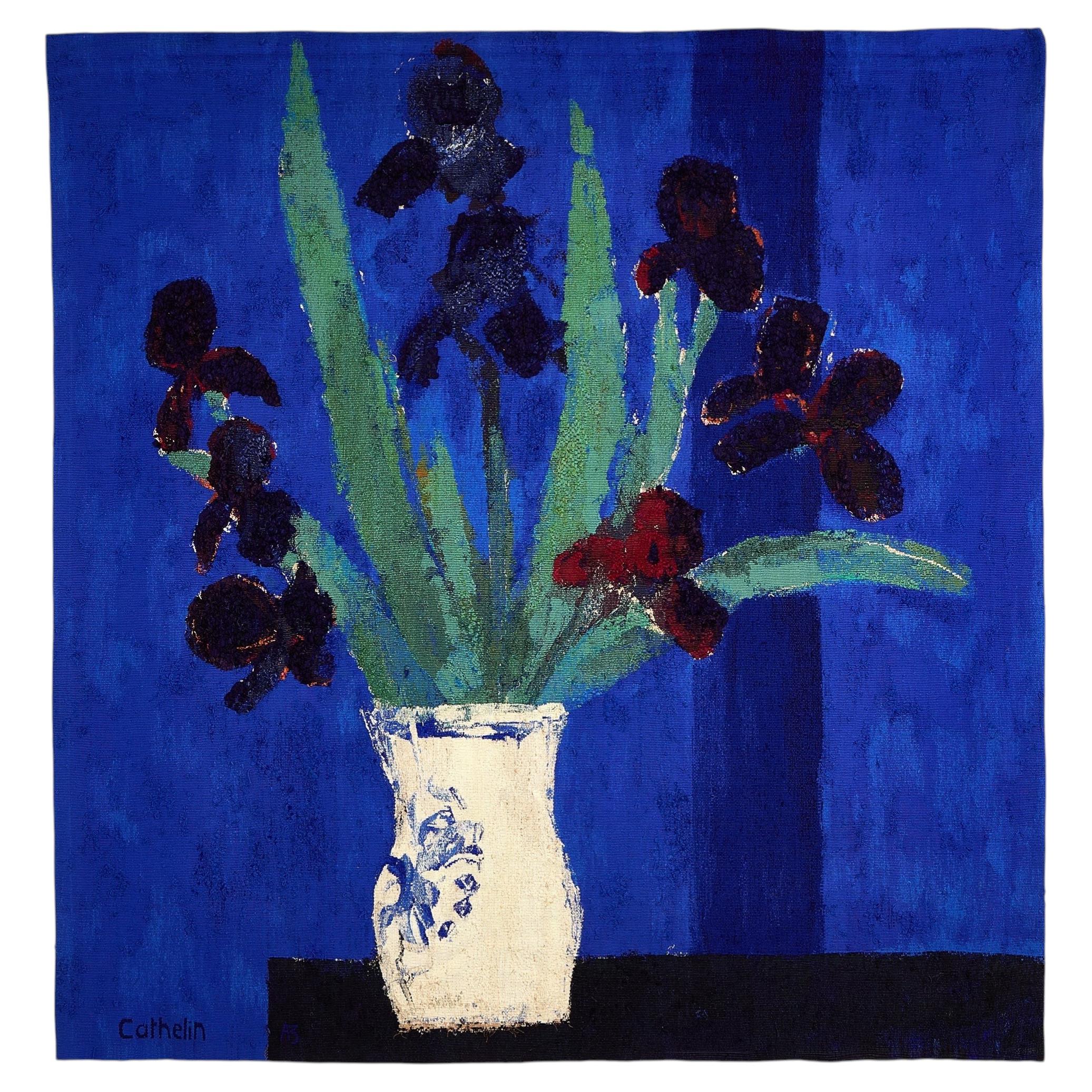 Bernard Cathelin, "Les Iris au fond bleu" Original Hand-woven Tapestry For Sale