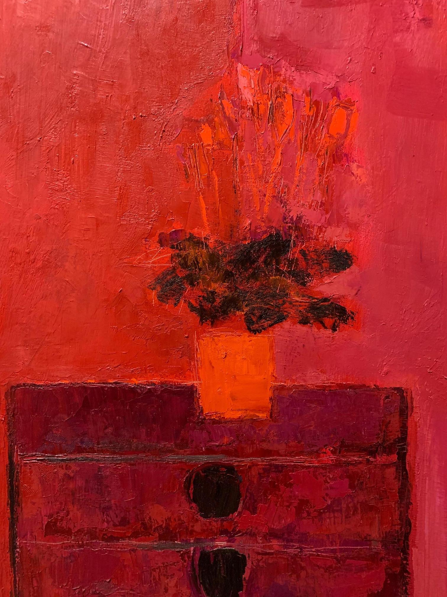 This modern, minimal, still life artwork depicts a small floral vases sitting on a shelving using pink and red colours to create a contrast within the work. 

Bernard Cathelin (1919-2004) was born in Paris and used his art to describe the love for