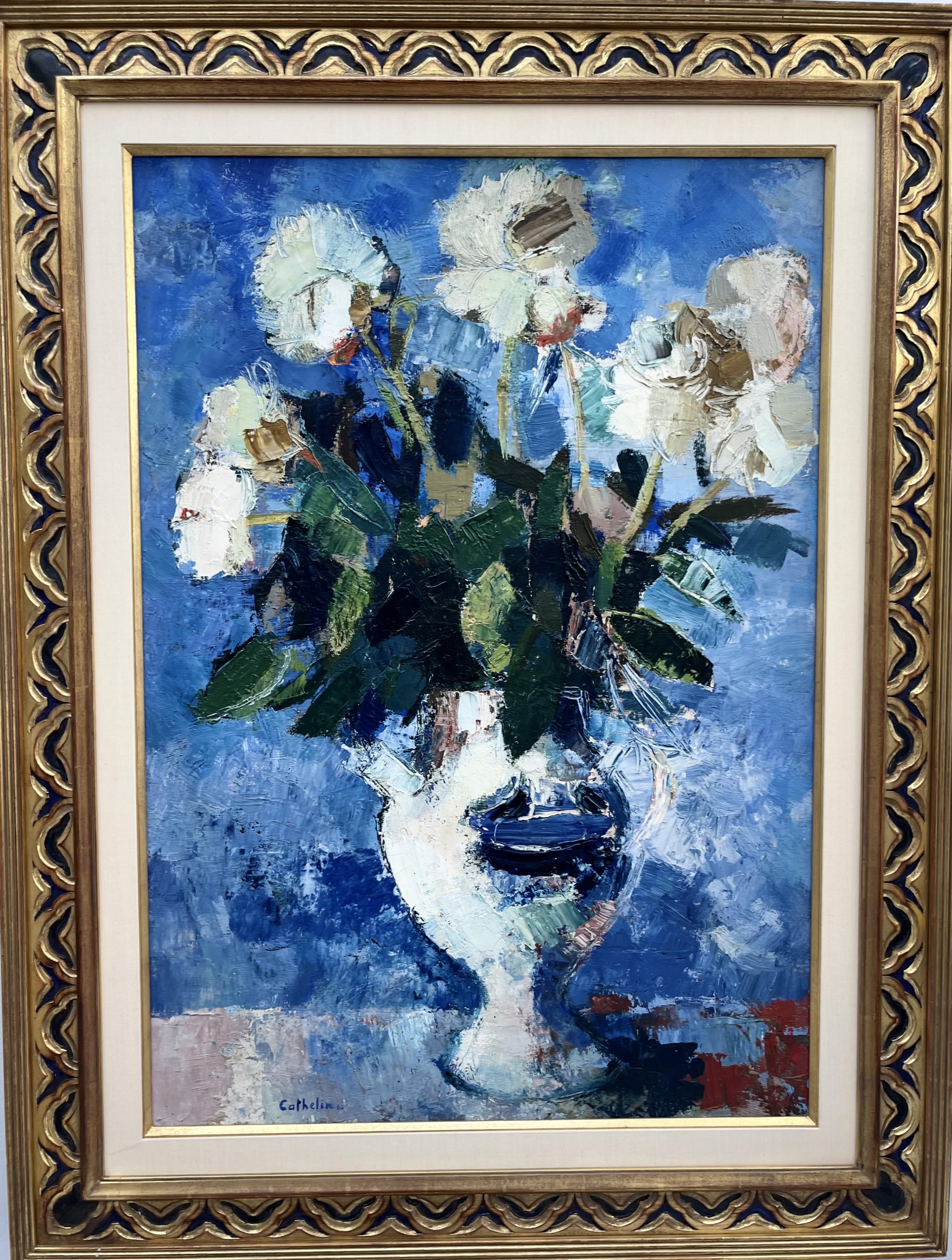 Blumenstrauß aus Pfingstrosen mit blauem Hintergrund (Grau), Figurative Painting, von Bernard Cathelin