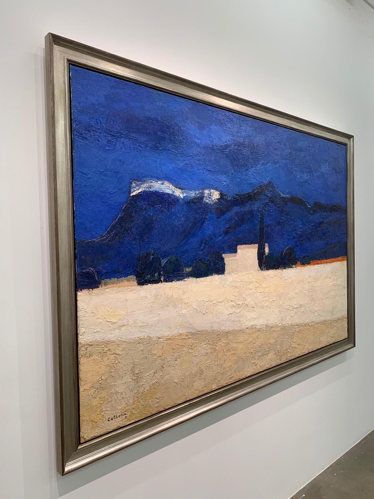 This landscape painting of the artists home in Provence, shows off the beautiful, rich blue sky, with Cyprus trees in the rolling hills. 

Bernard Cathelin (1919-2004) was born in Paris and used his art to describe the love for his country he