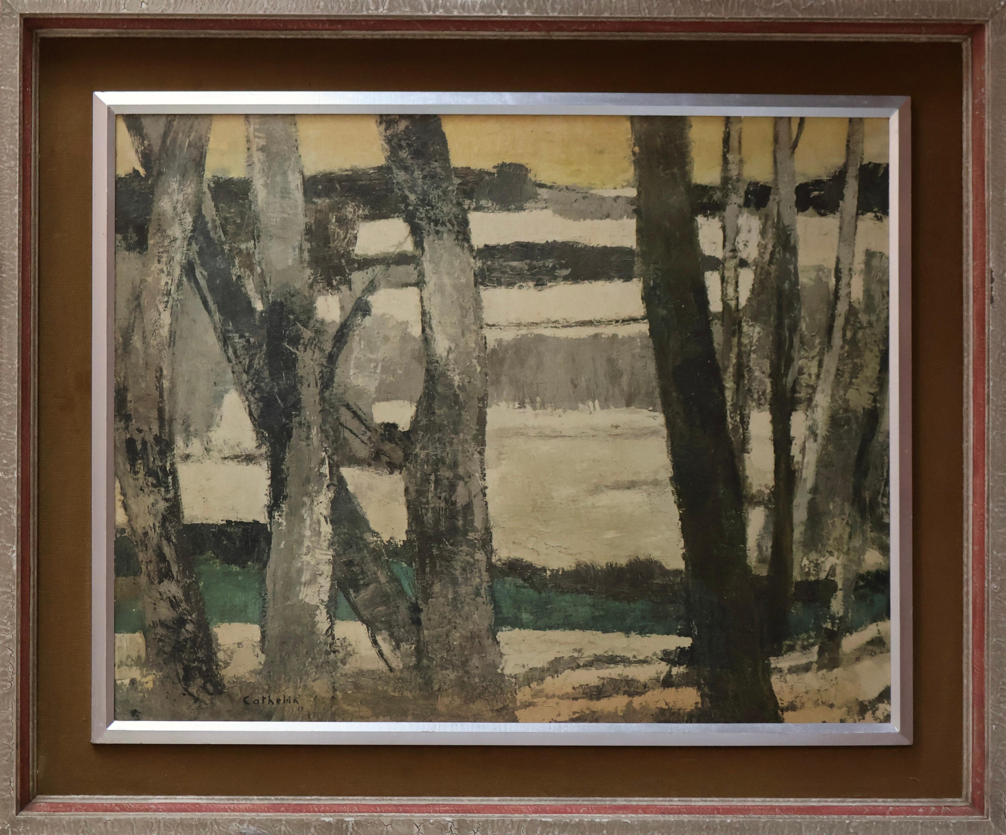 Dieses gerahmte Ölgemälde des französischen Malers Bernard Cathelin im Format 37,5" x 45" zeigt eine von Bäumen verdeckte Landschaft an einem Abend, der wohl dem Spätwinter zuzuordnen ist. Das blassgelbe, fast weiße der Erde erinnert an Schnee und