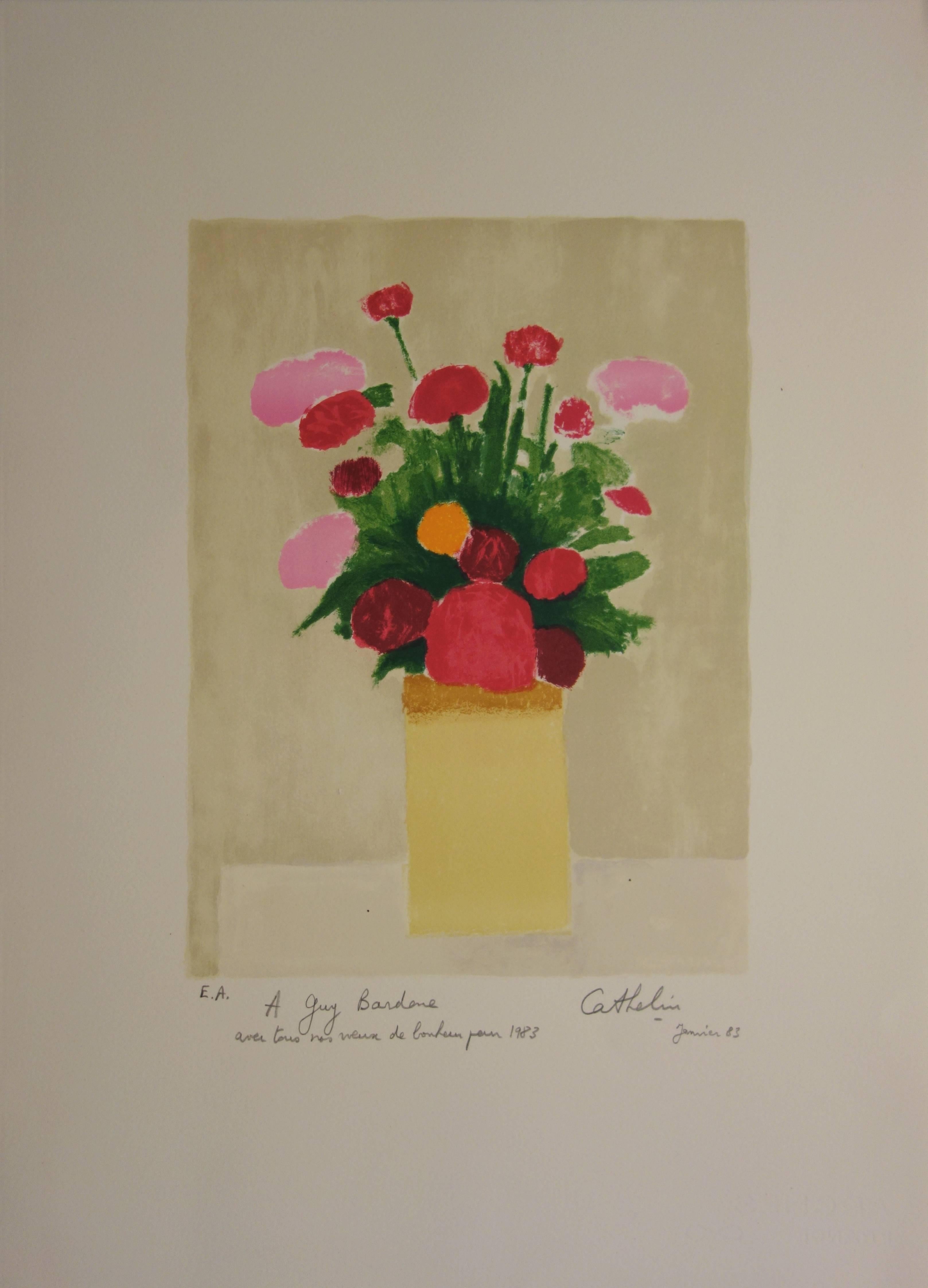 Bernard Cathelin Interior Print - Bouquet of Peonies - Handsigned lithograph - Mourlot 1983