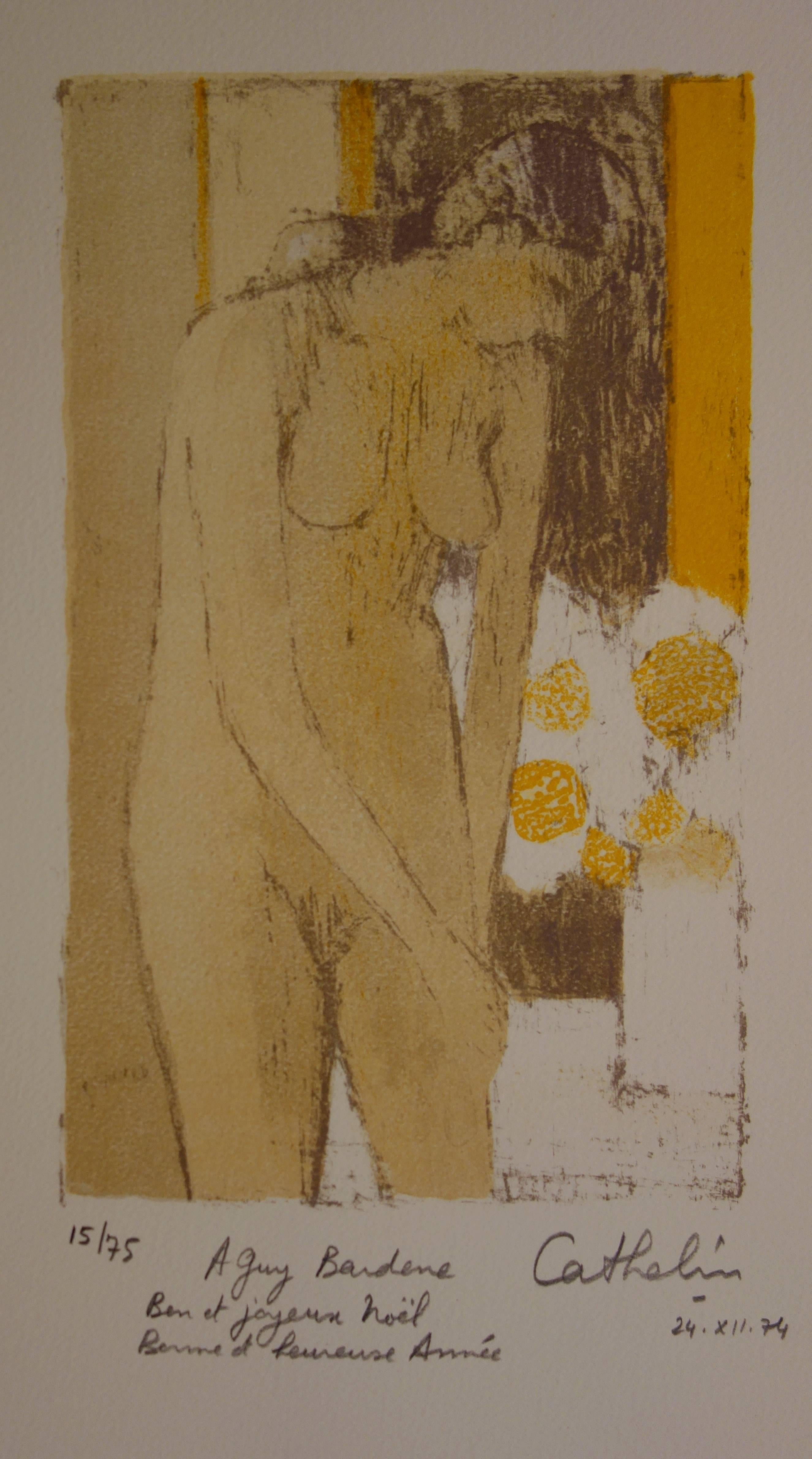 Nude with Bouquet of Flowers - Handsigned lithograph /75ex - Mourlot 1974 - Print by Bernard Cathelin